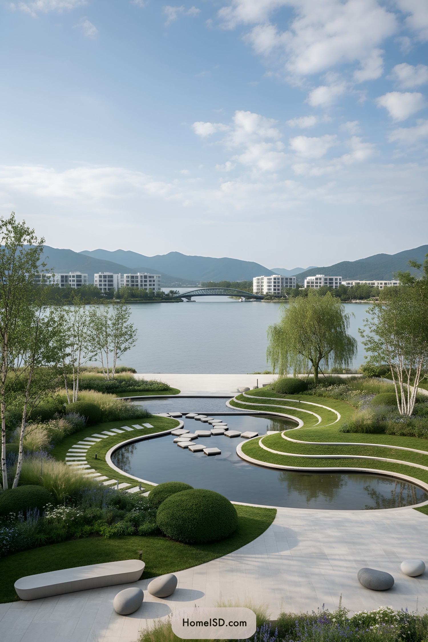 Curved lakeside lawn with reflective ponds and floating stepping stones