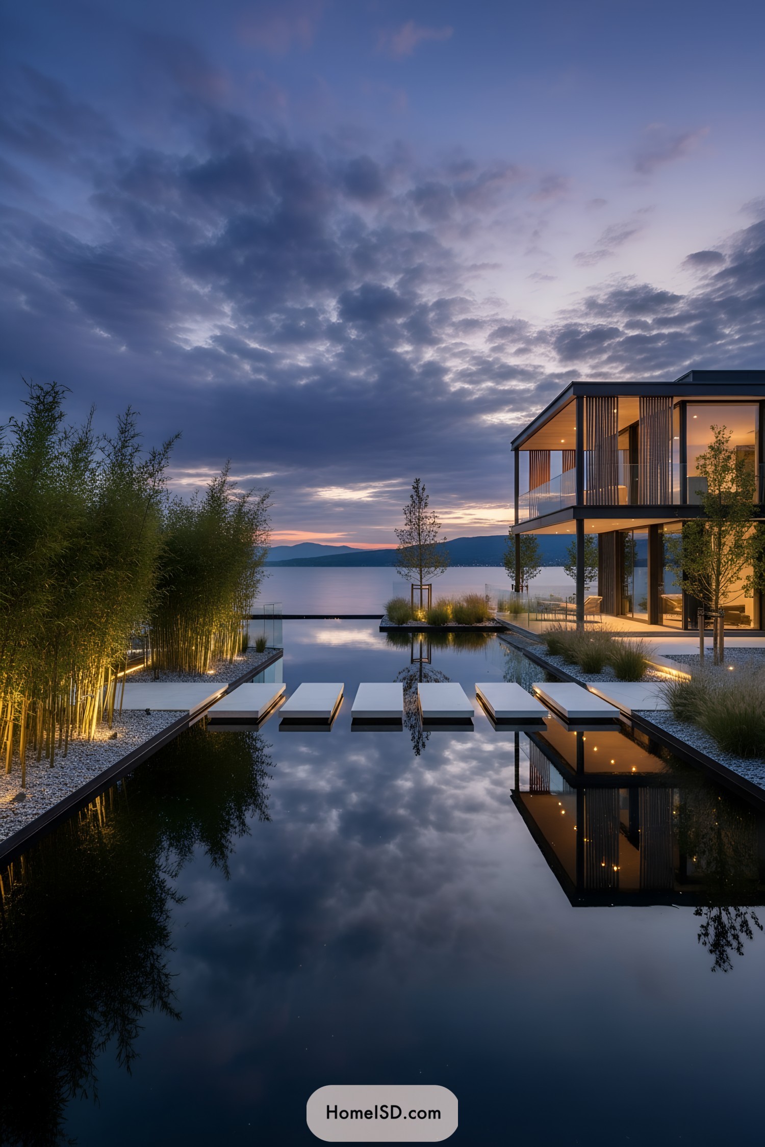 Modern lakeside garden with stepping pads, bamboo, and warm lighting