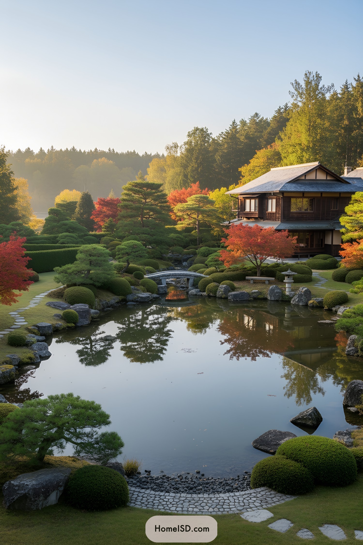 Japanese-inspired lakeside garden with pond, arched stone bridge, manicured shrubs, and autumn maples