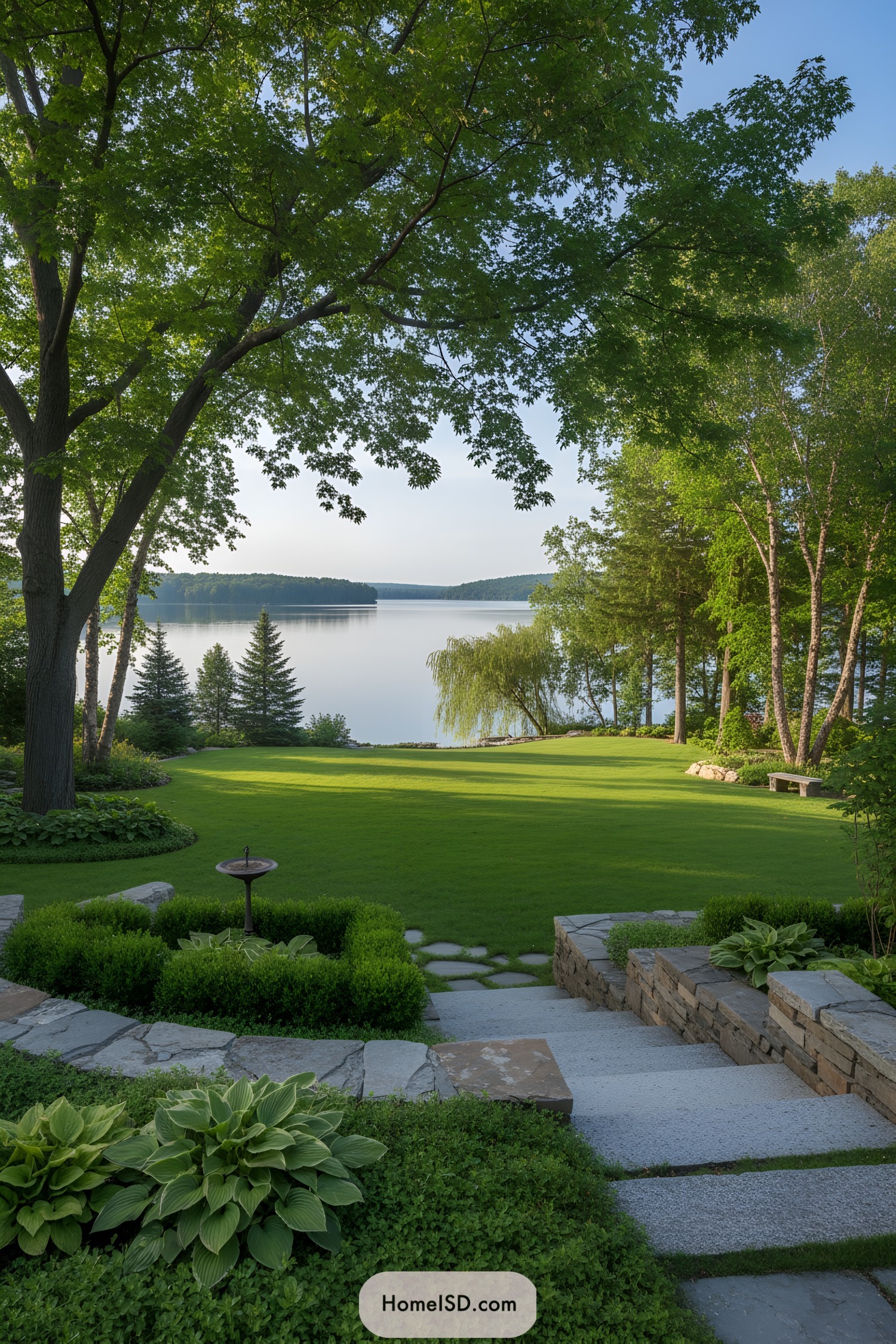 Manicured lawn, stone steps, and lake view