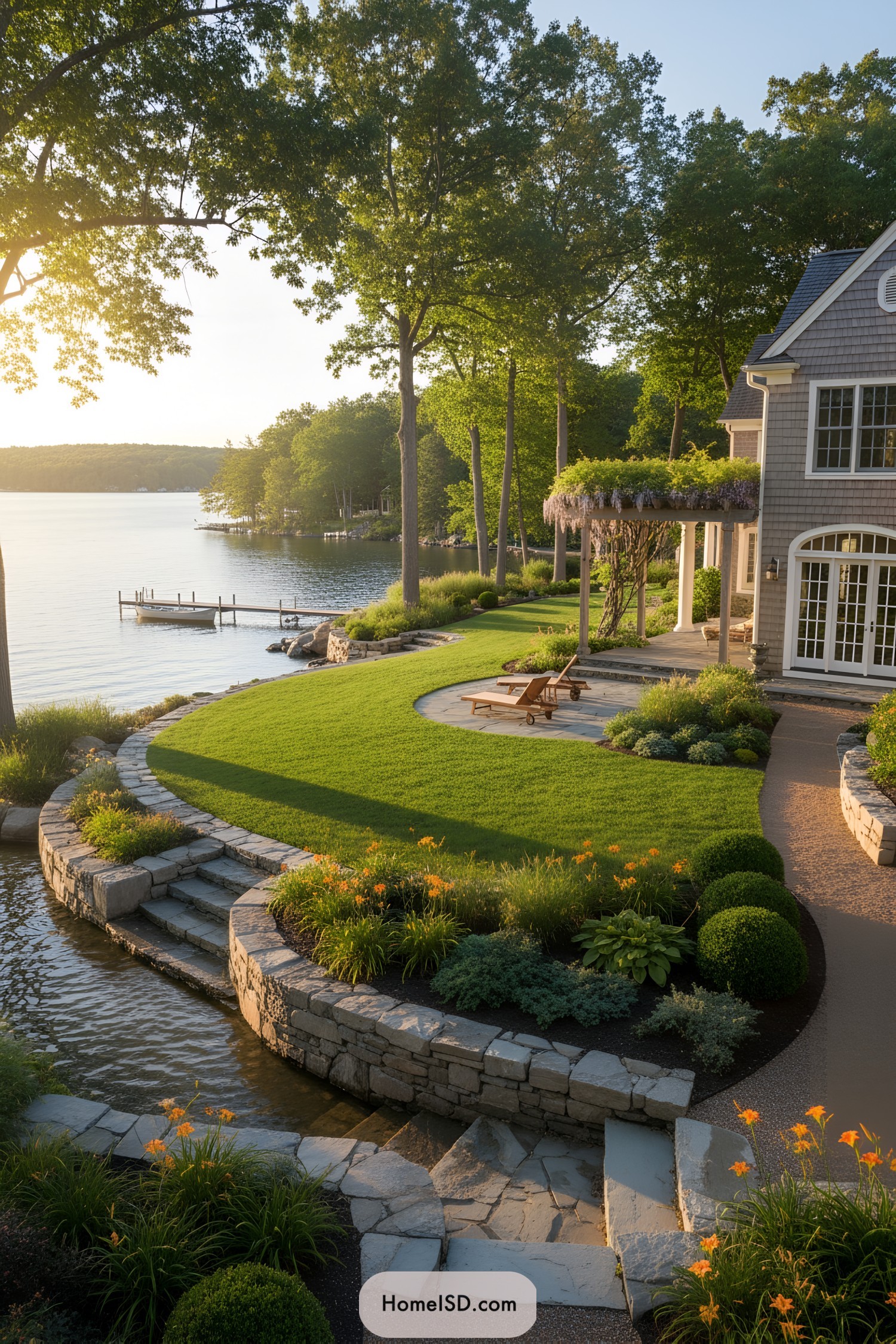Tiered lakeside lawn with curved stone walls
