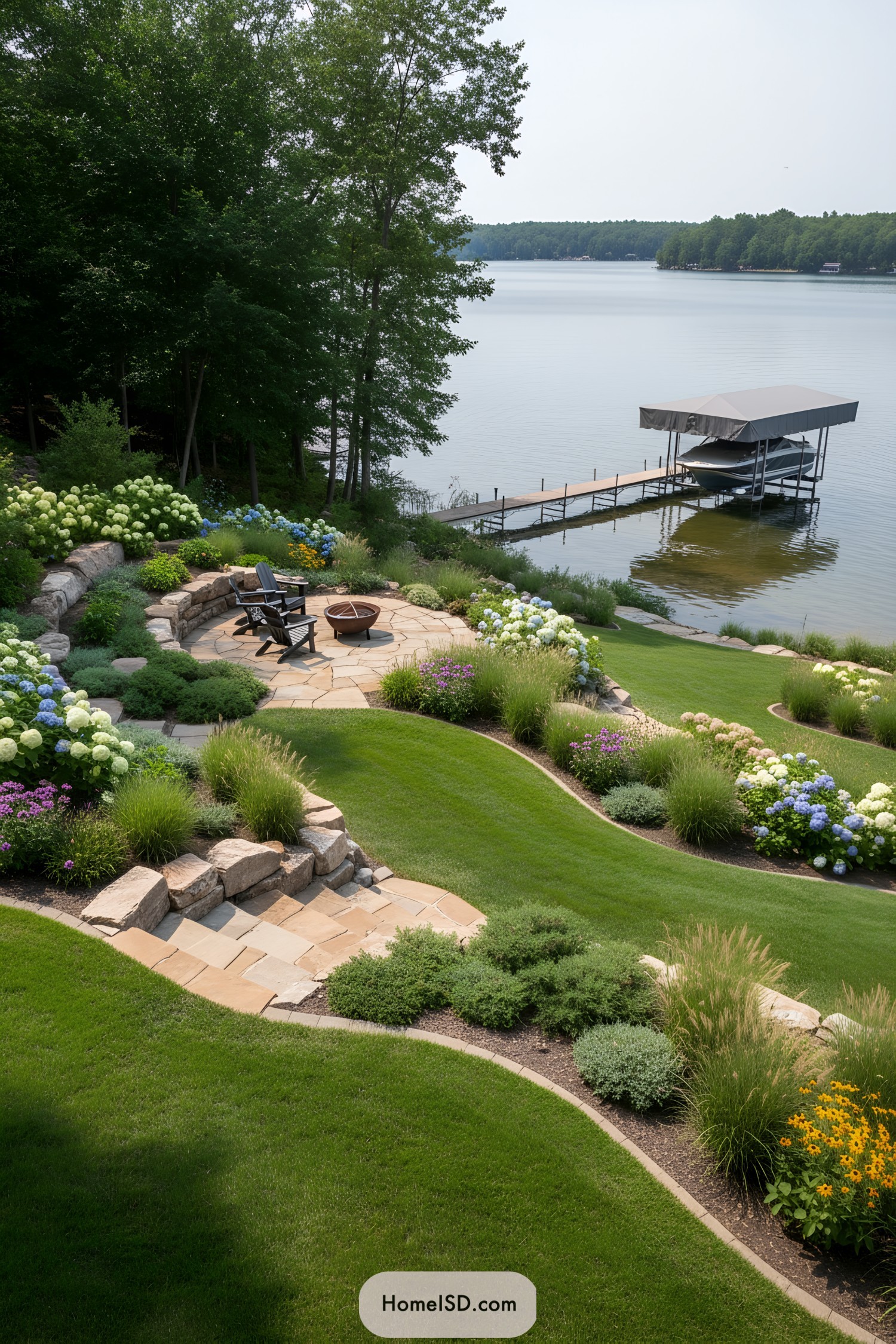 Curved lawn, stone fire pit, dock