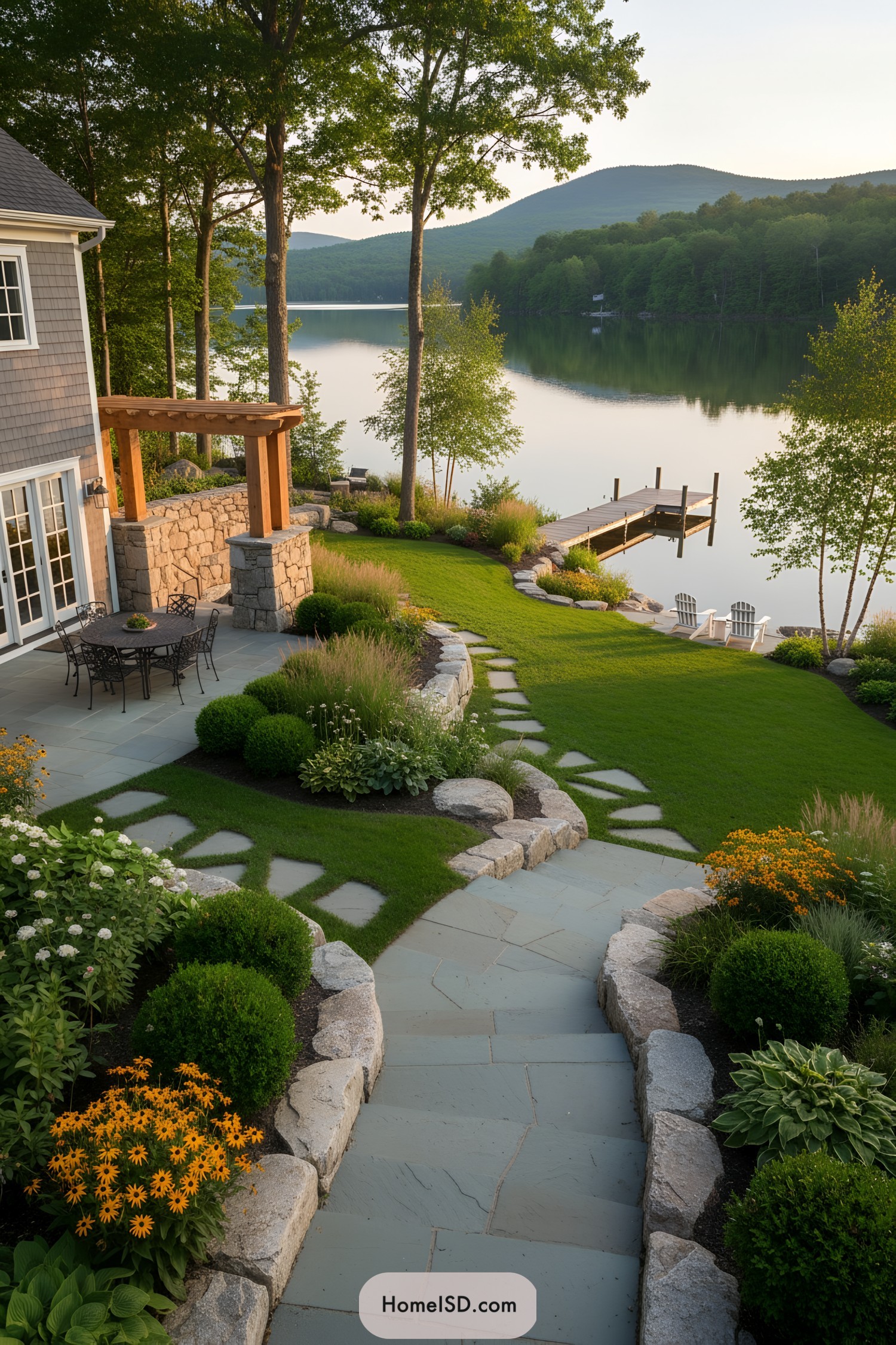 Stone path, terraced lawn, dockside seating
