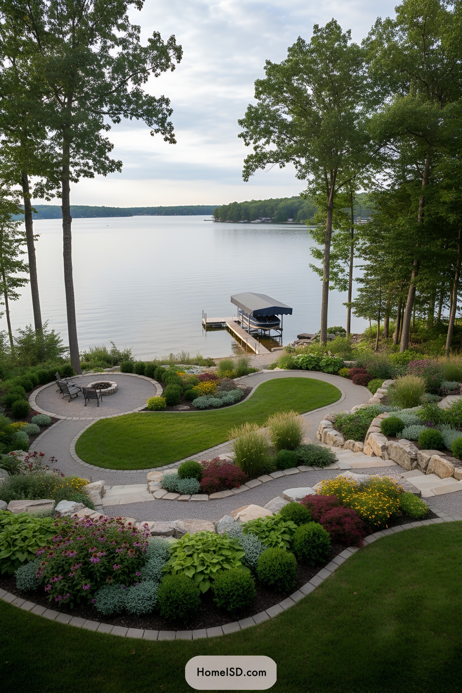 Curved lakeside lawn, stone paths, and firepit