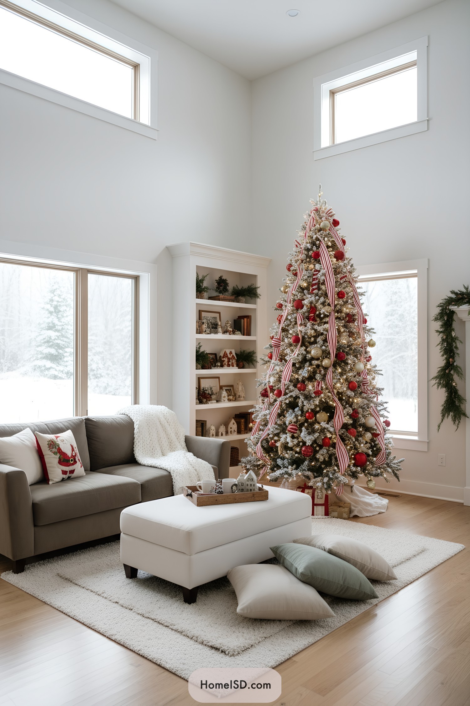 Flocked tree with red, gold, and striped ribbons