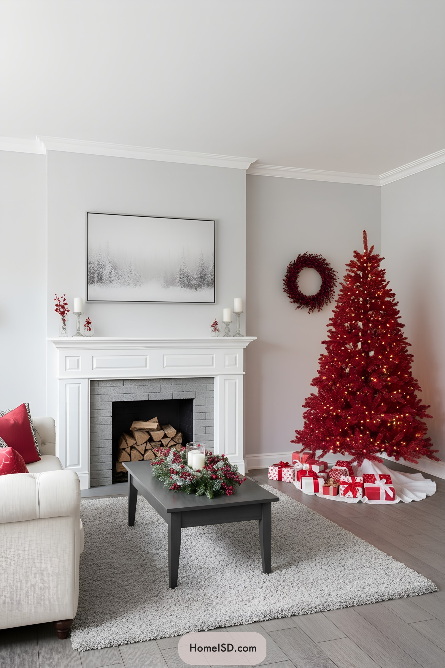 Red Christmas tree with warm lights and gifts
