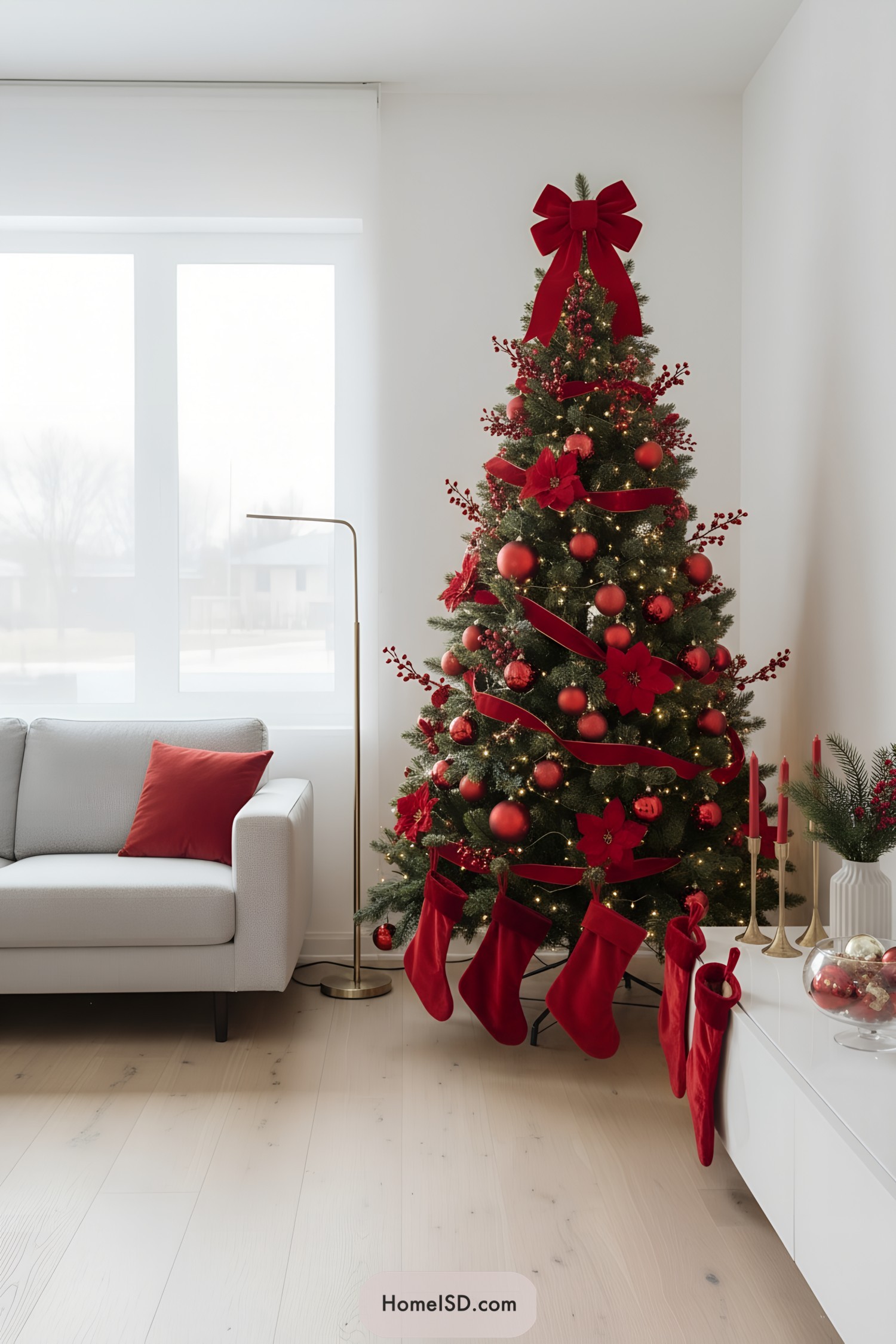 Red ribbon-wrapped Christmas tree with red ornaments and stockings in a modern living room