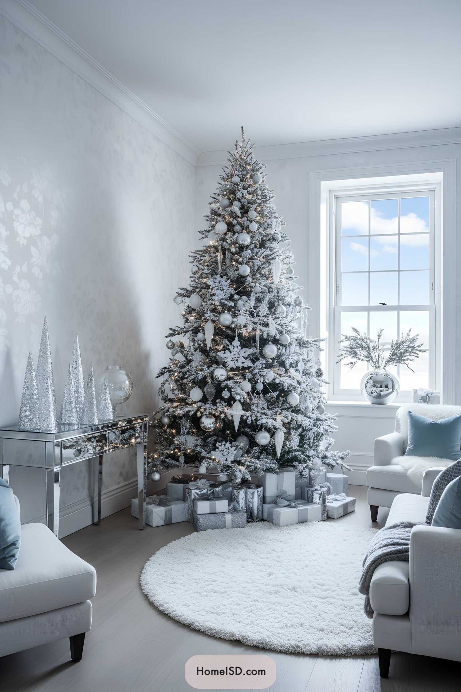 White Christmas tree with silver ornaments and snow-dusted branches