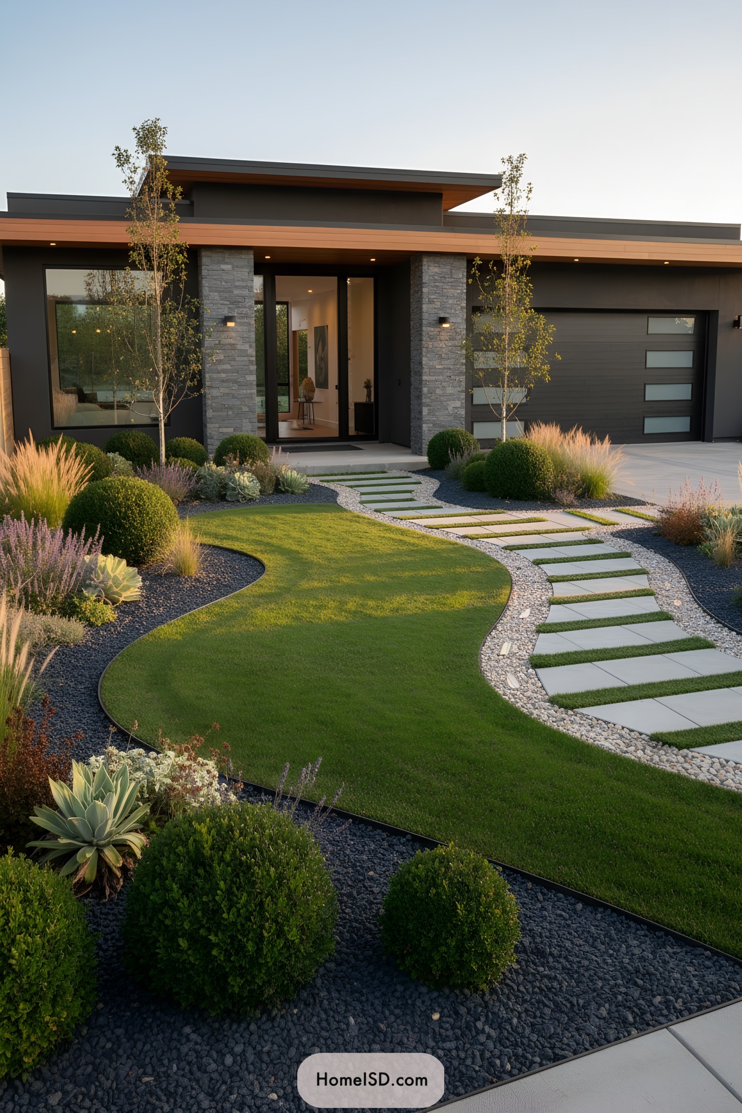 Curved stone path through sculpted modern yard
