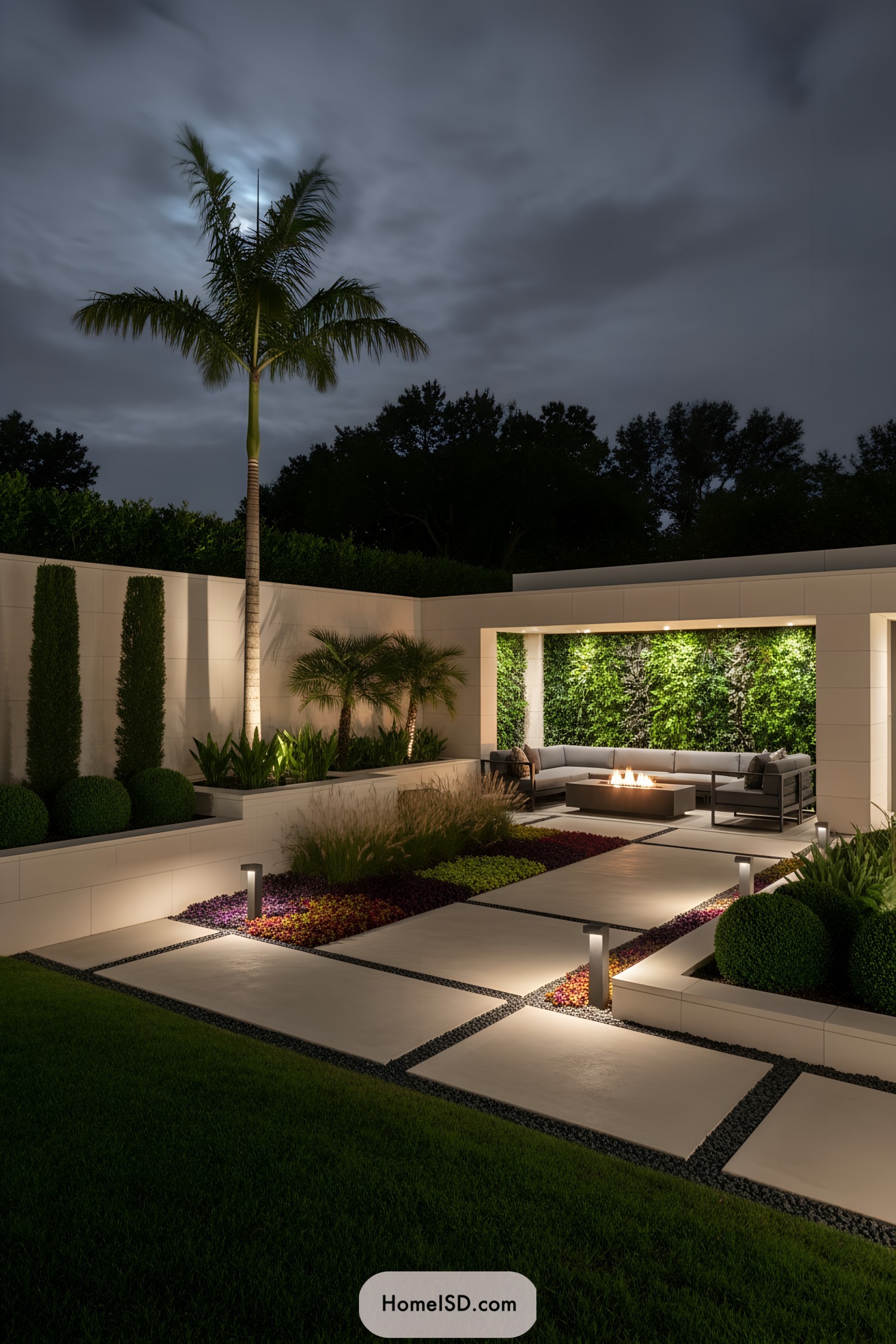 Modern courtyard at night with firepit seating and lit paver paths