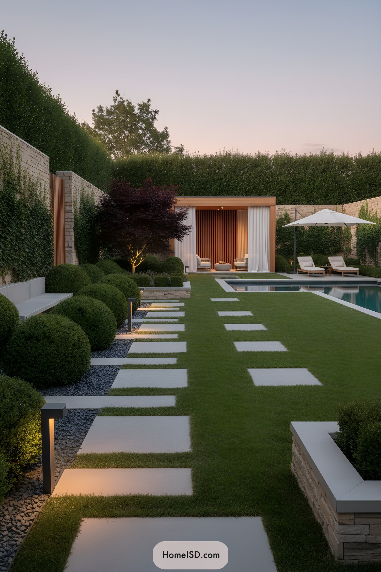 Modern backyard with stepping stone path leading to a cabana beside a sleek pool