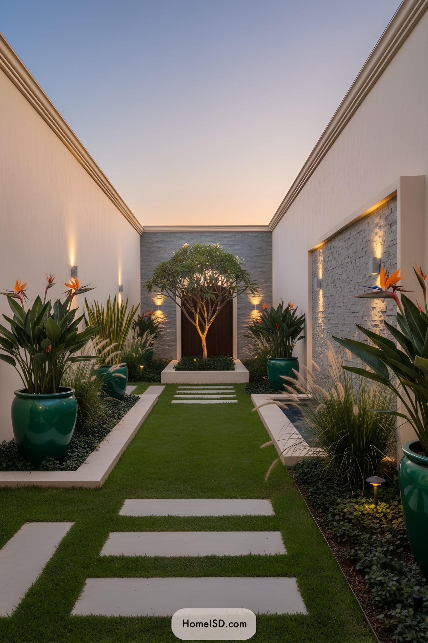 Narrow modern courtyard garden with lit tree