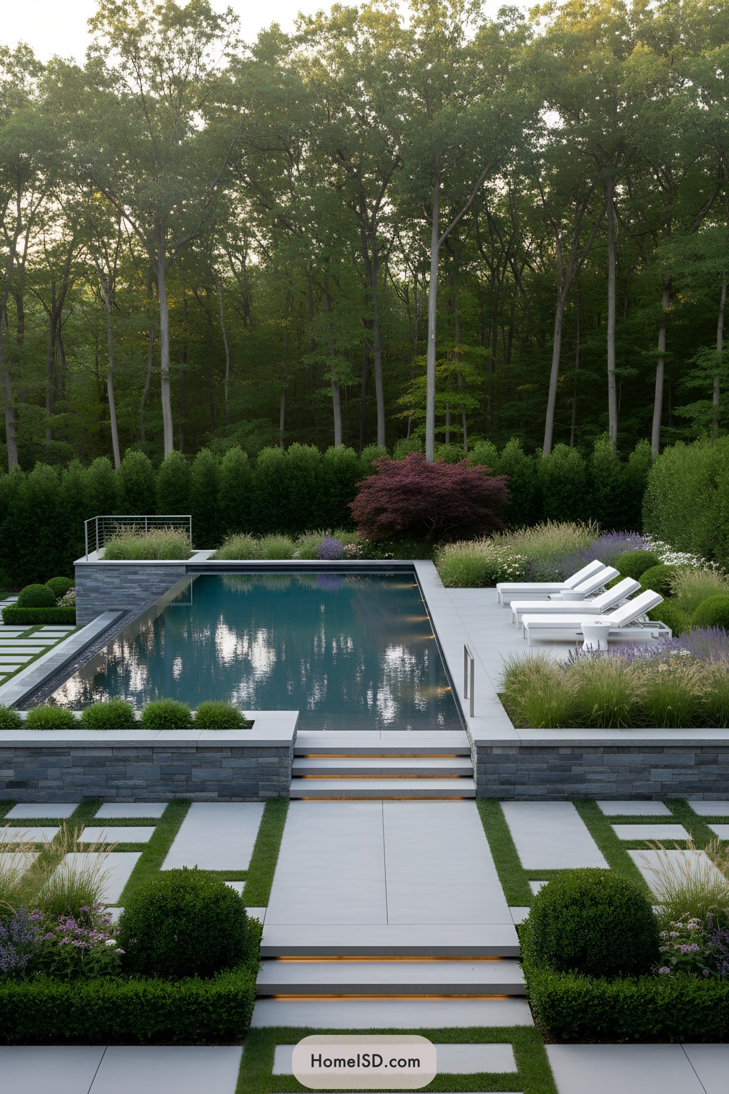 Modern rectangular pool garden bordered by forest
