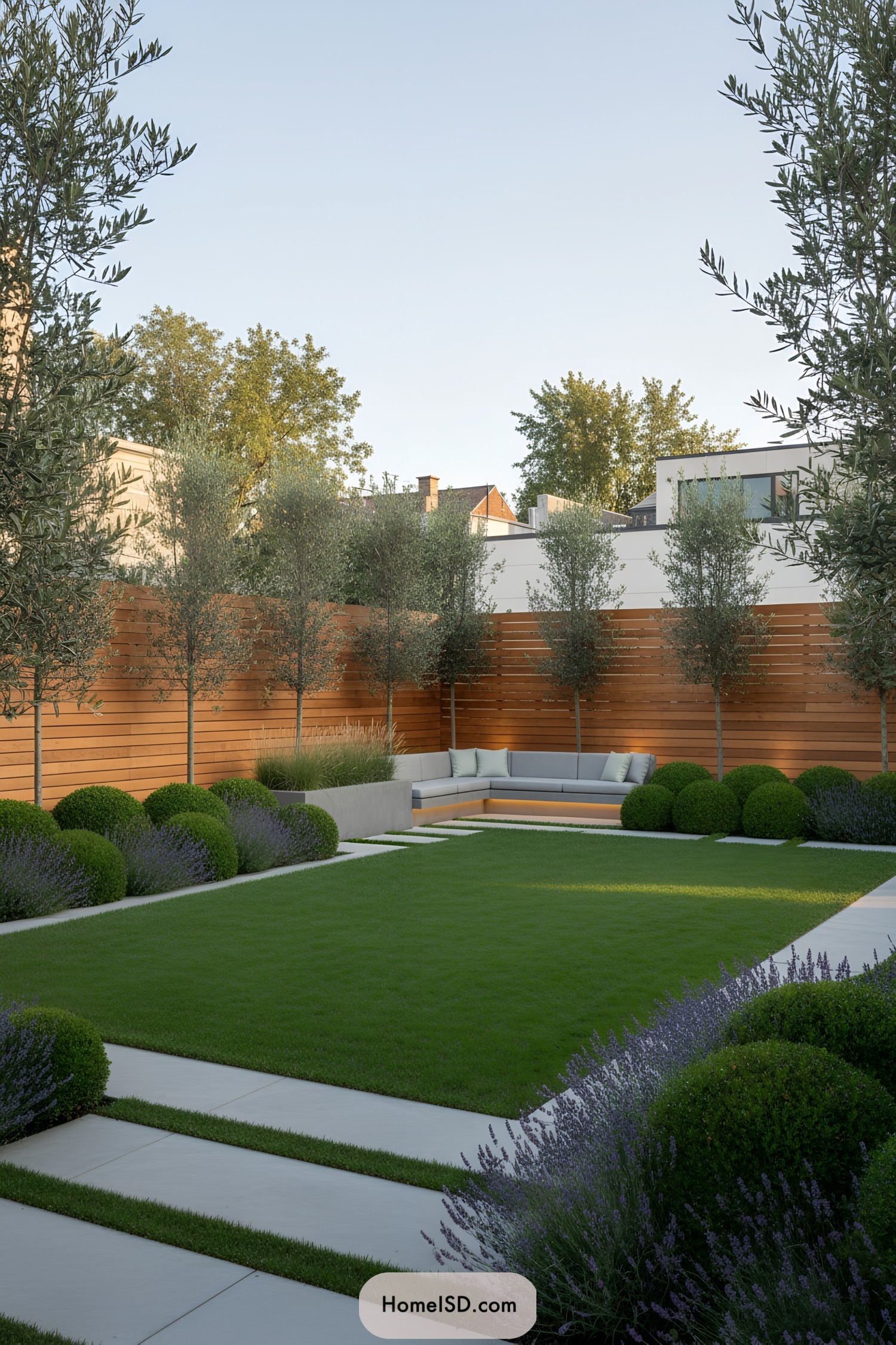 Modern courtyard with manicured lawn, concrete paths, wood privacy fence, and built-in corner seating framed by trees and sculpted shrubs