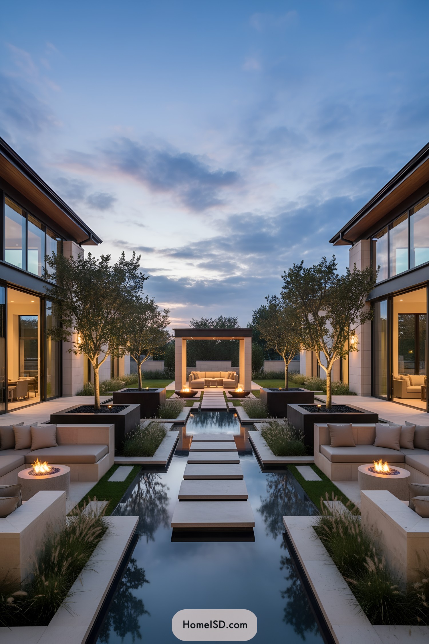 Modern courtyard with linear pool and pavilion
