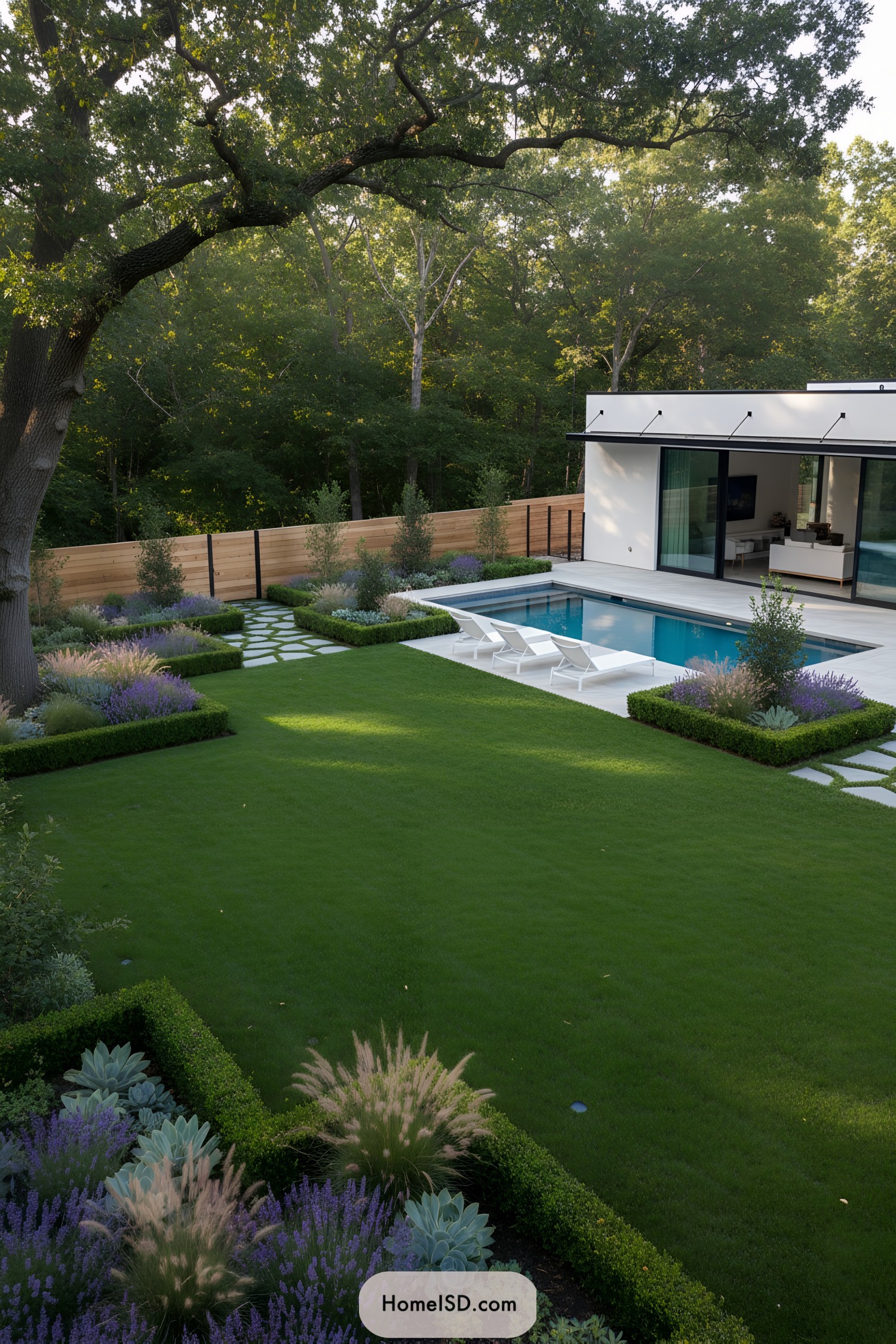 Modern rectangular pool and manicured lawn framed by boxwood beds and woodland backdrop