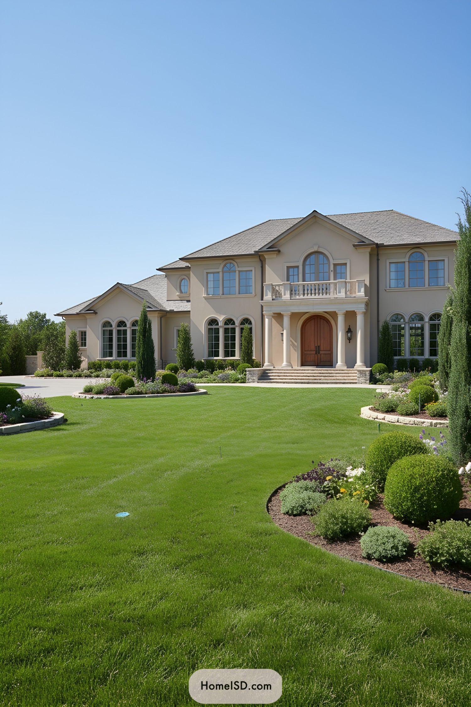 Elegant estate front lawn with sculpted beds and columned entry