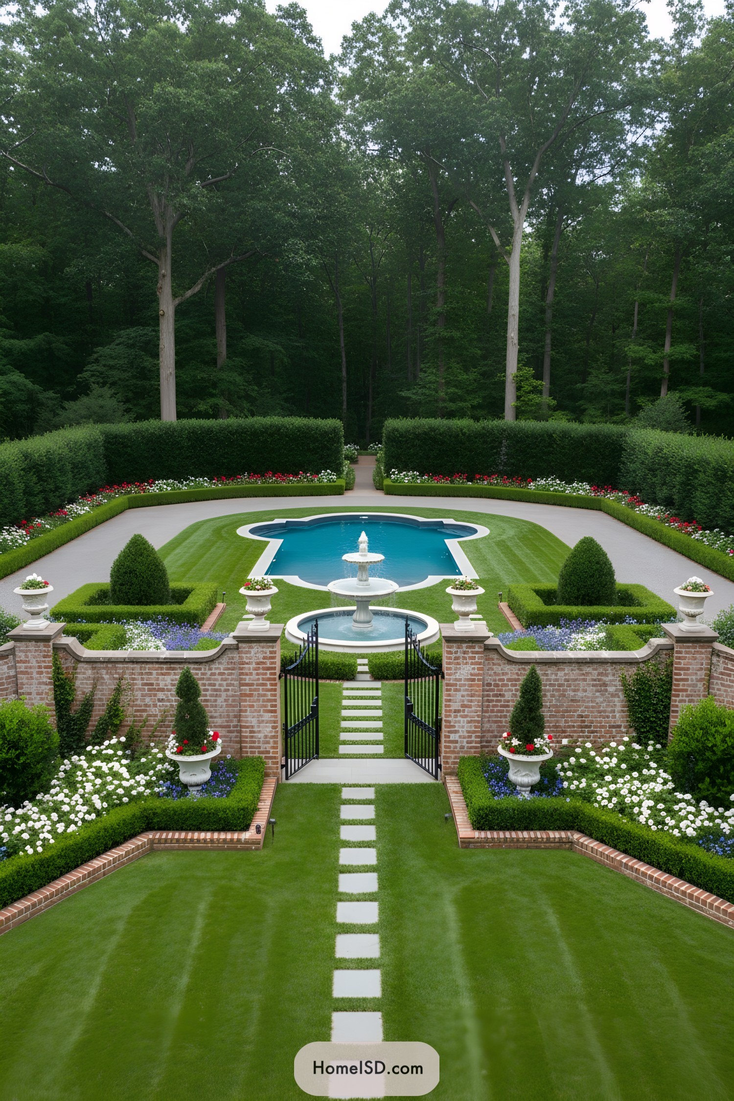 Symmetrical walled garden with fountain and pool