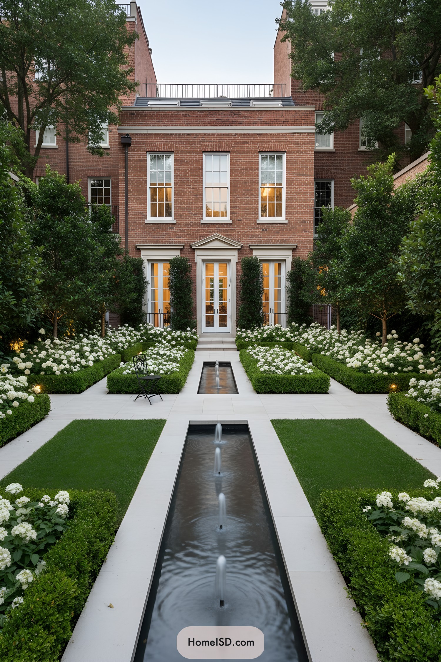 Formal townhouse courtyard with linear fountains and boxwood hedges
