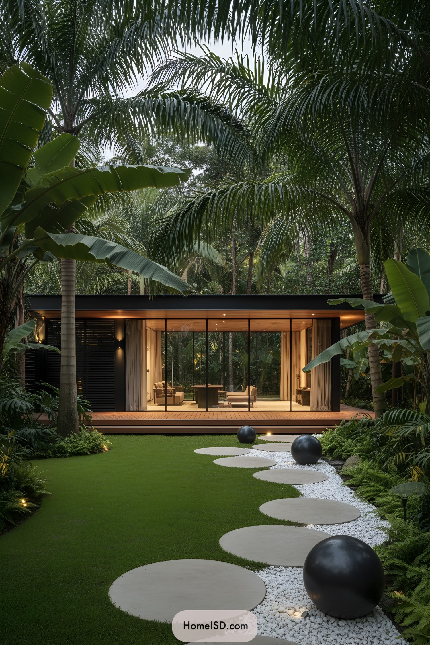 Modern tropical backyard with circular stepping stones and black sculptural spheres leading to a glass-walled pavilion
