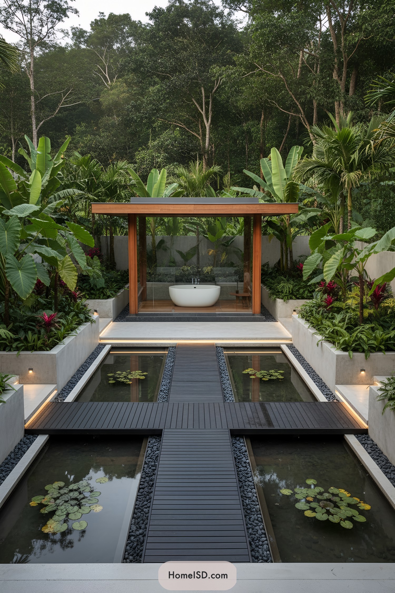 Modern tropical garden with glass bath pavilion, dark boardwalk, and lily ponds