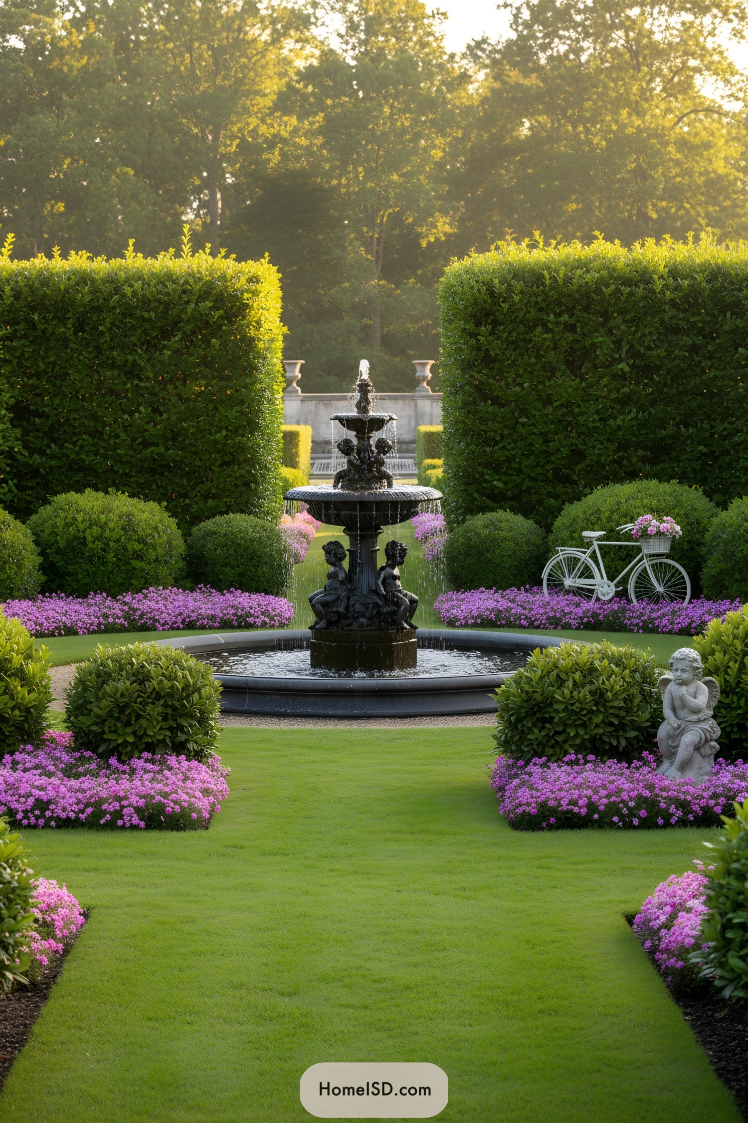 Formal garden with tiered fountain, hedges, and pink flower borders