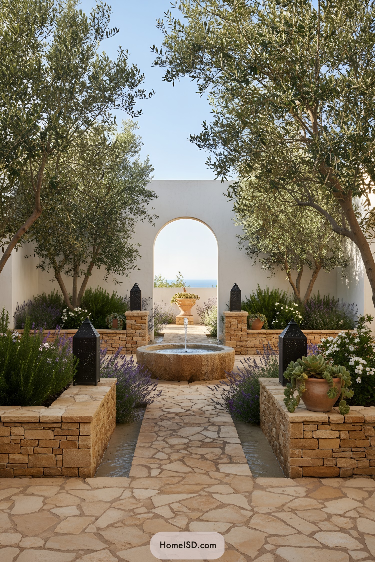 Mediterranean courtyard with stone fountain and archway