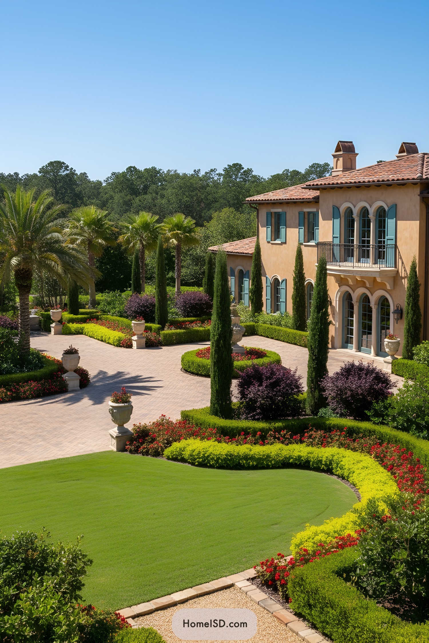 Mediterranean-style estate with formal landscaped driveway
