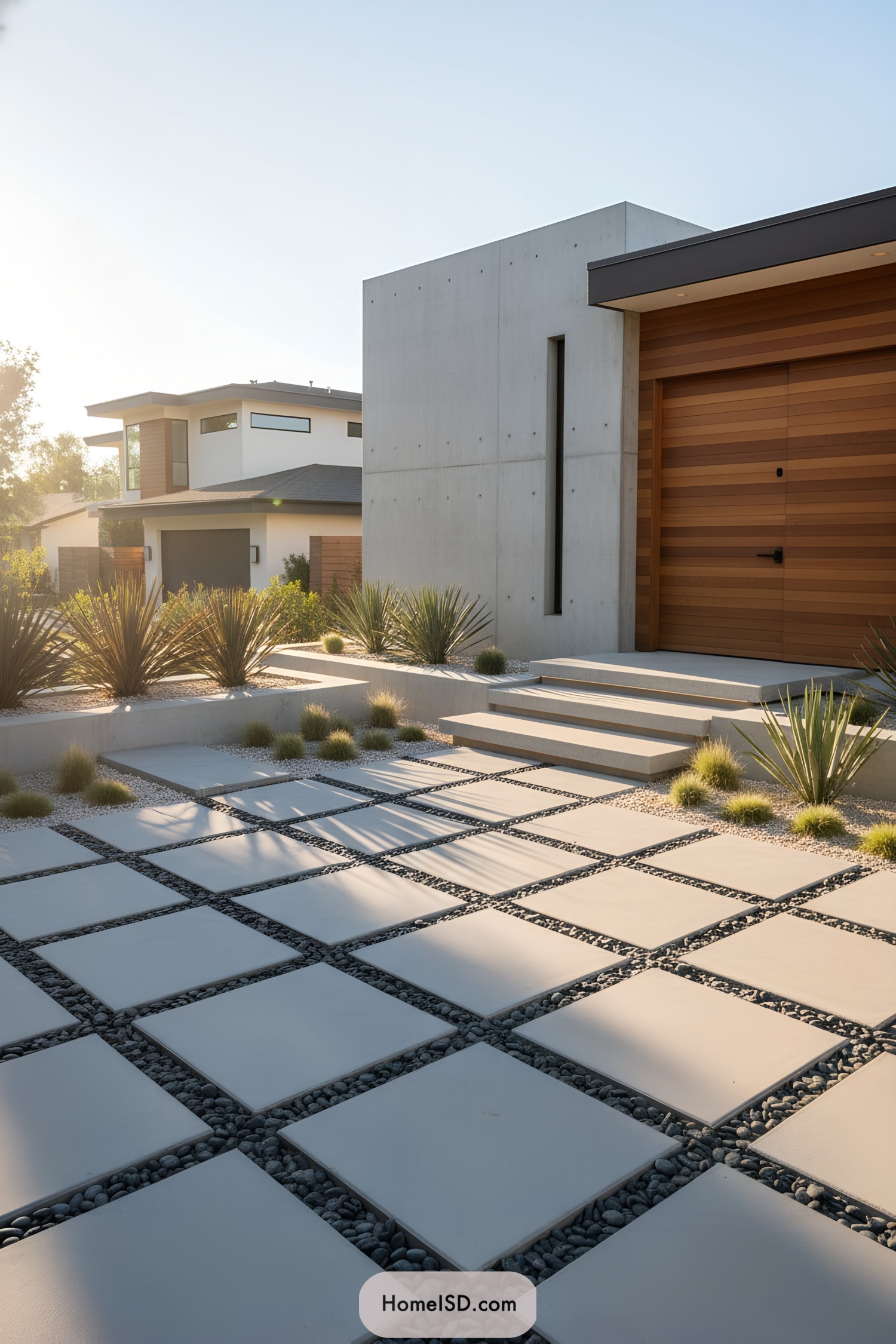 Modern front yard with square concrete pavers set in gravel and framed by sculptural plants