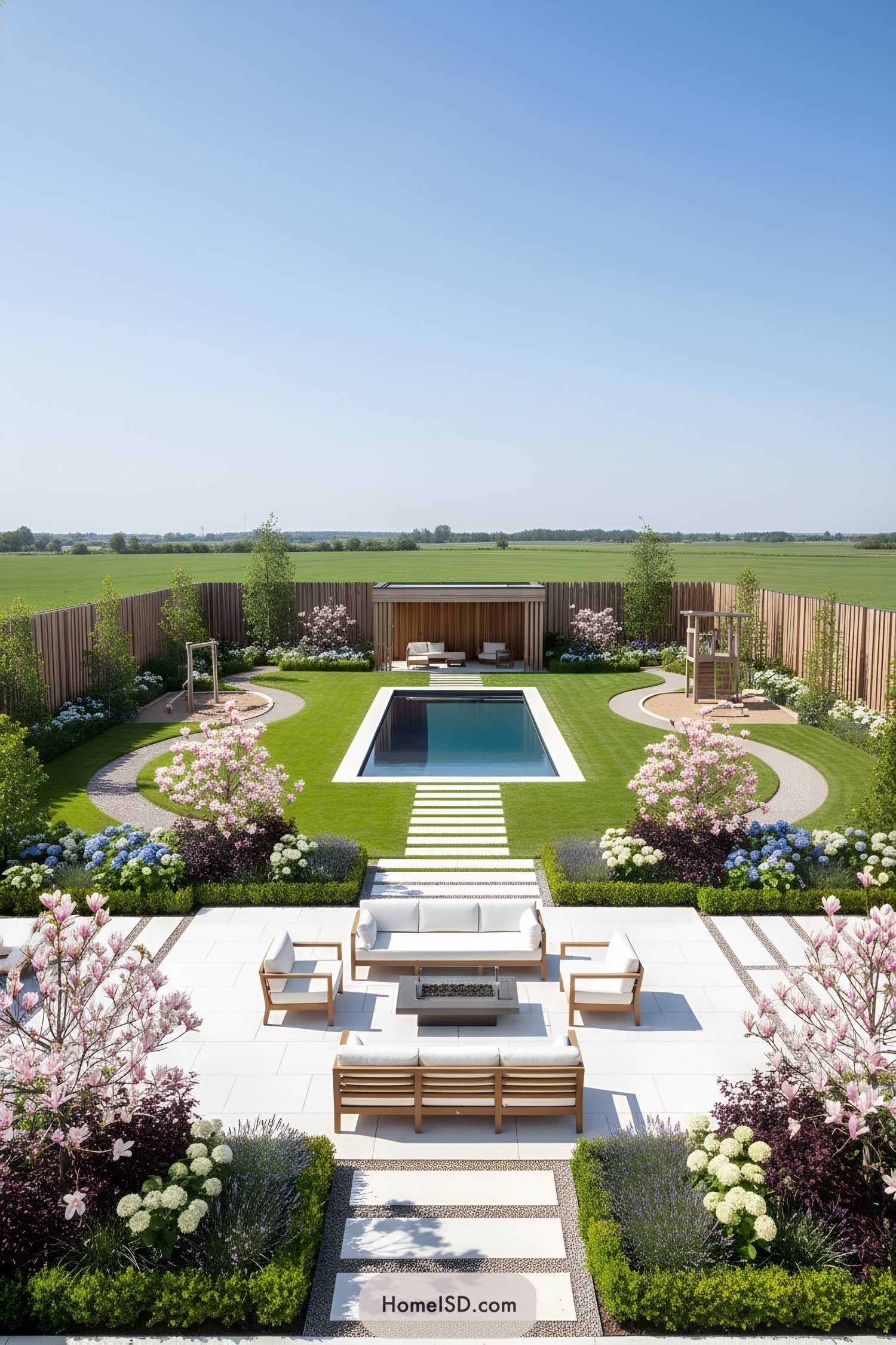 Contemporary backyard with central pool, lounge patio, curving paths, and flowering borders against open fields