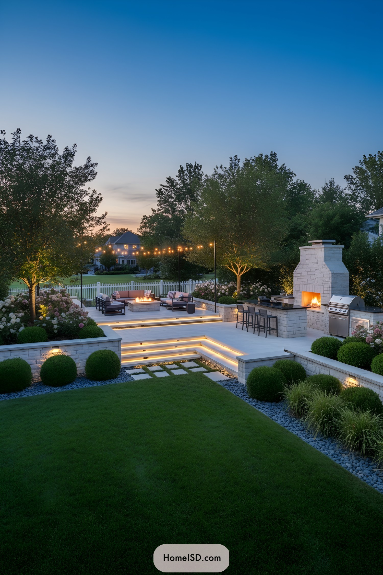 Modern terraced backyard with fire pit seating, outdoor kitchen, and glowing step lights at dusk