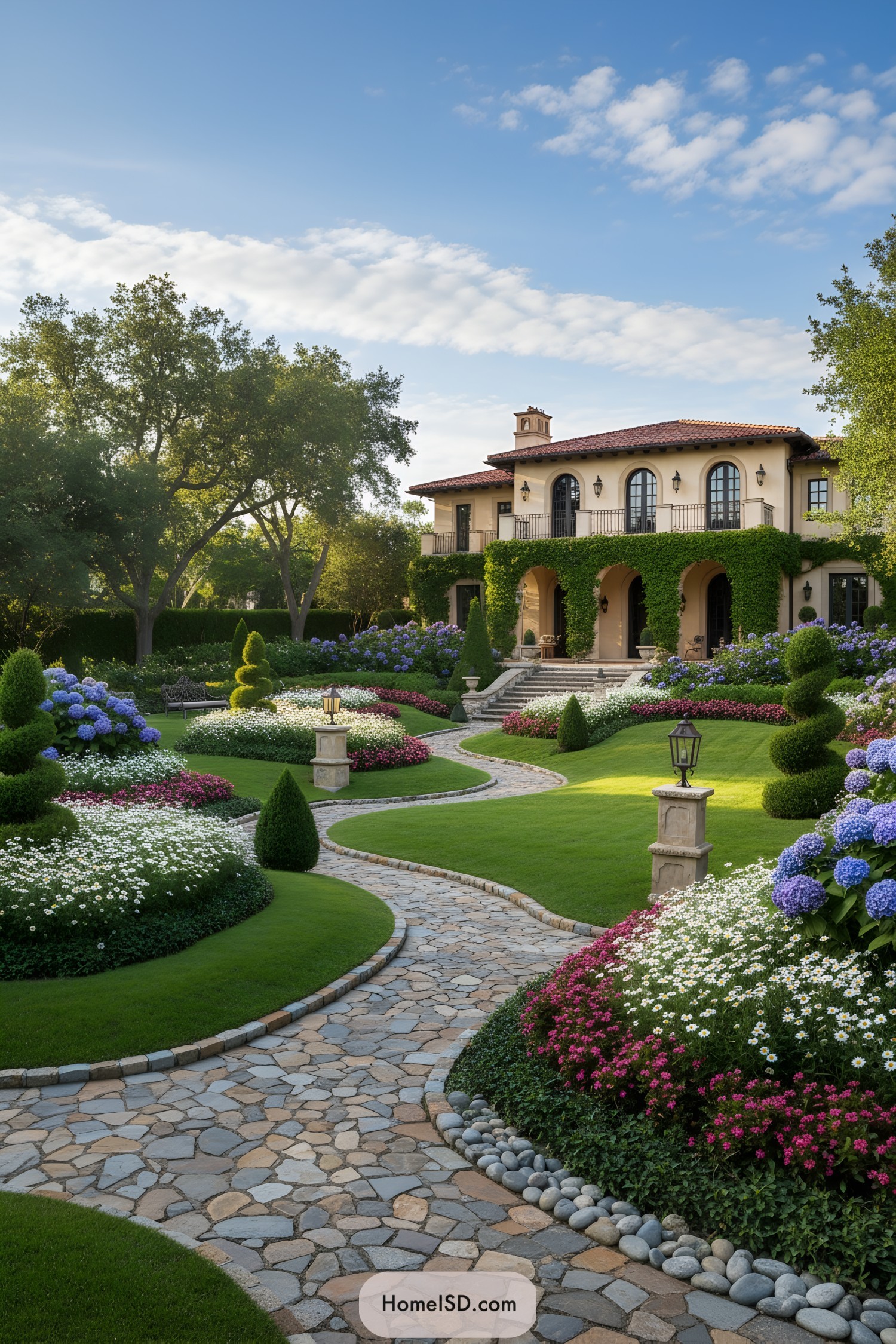 Lush Mediterranean-style estate garden with curved stone path