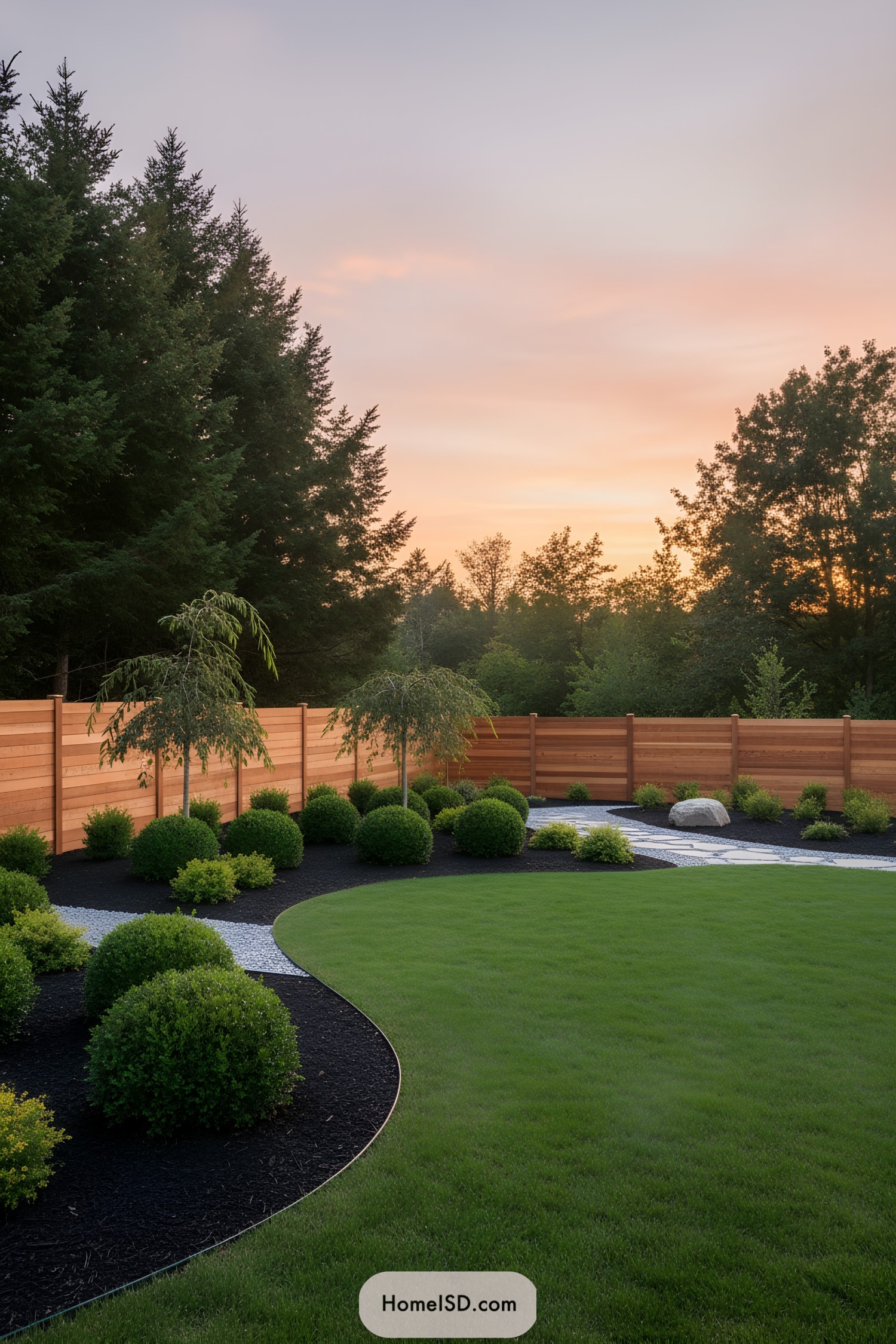 Minimalist backyard with curved lawn and shrubs