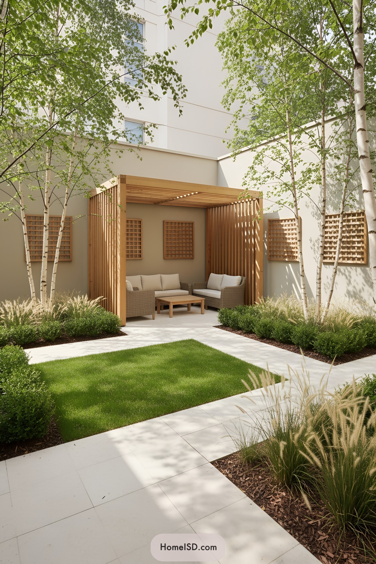 Modern courtyard with pergola seating area