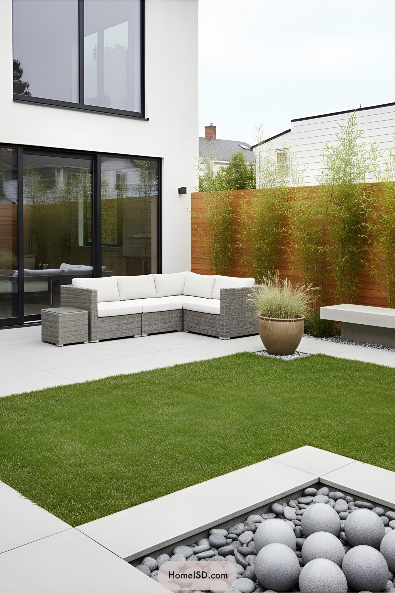 Modern minimalist courtyard with lawn, pebble feature, and sectional sofa