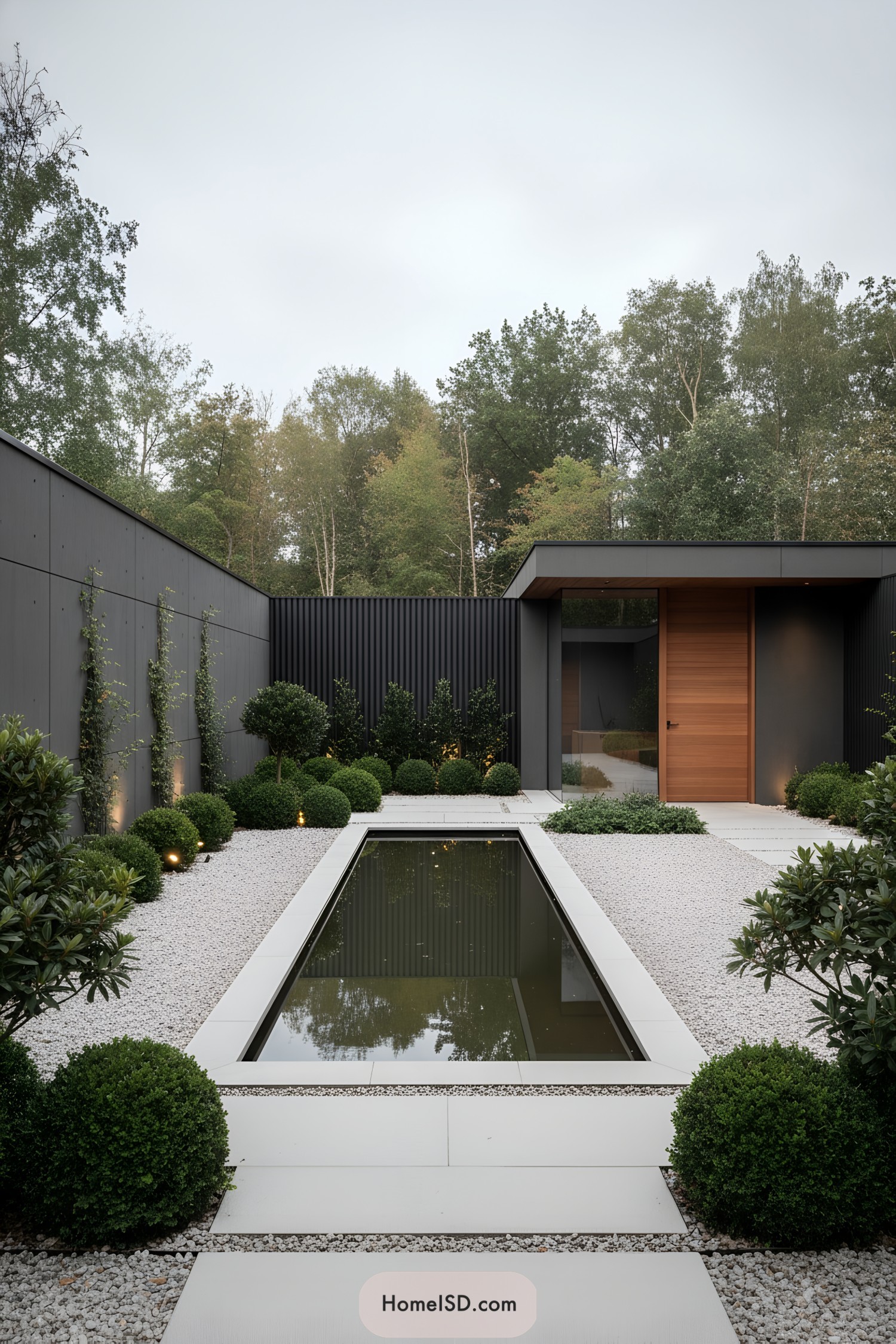 Minimalist courtyard with narrow reflecting pool, gravel groundcover, and clipped green shrubs against dark modern walls