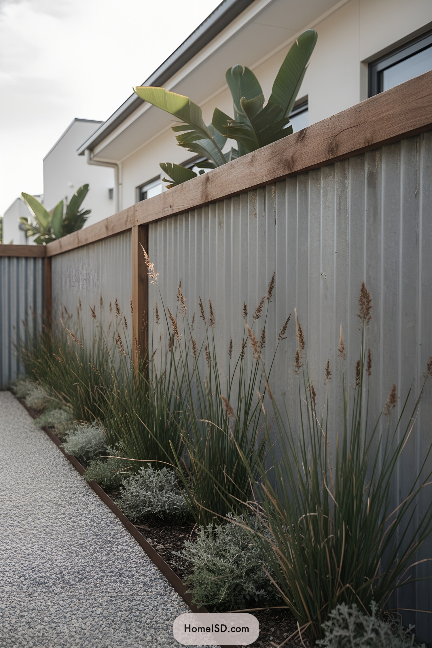 Narrow gravel side yard with grasses lining a corrugated metal fence