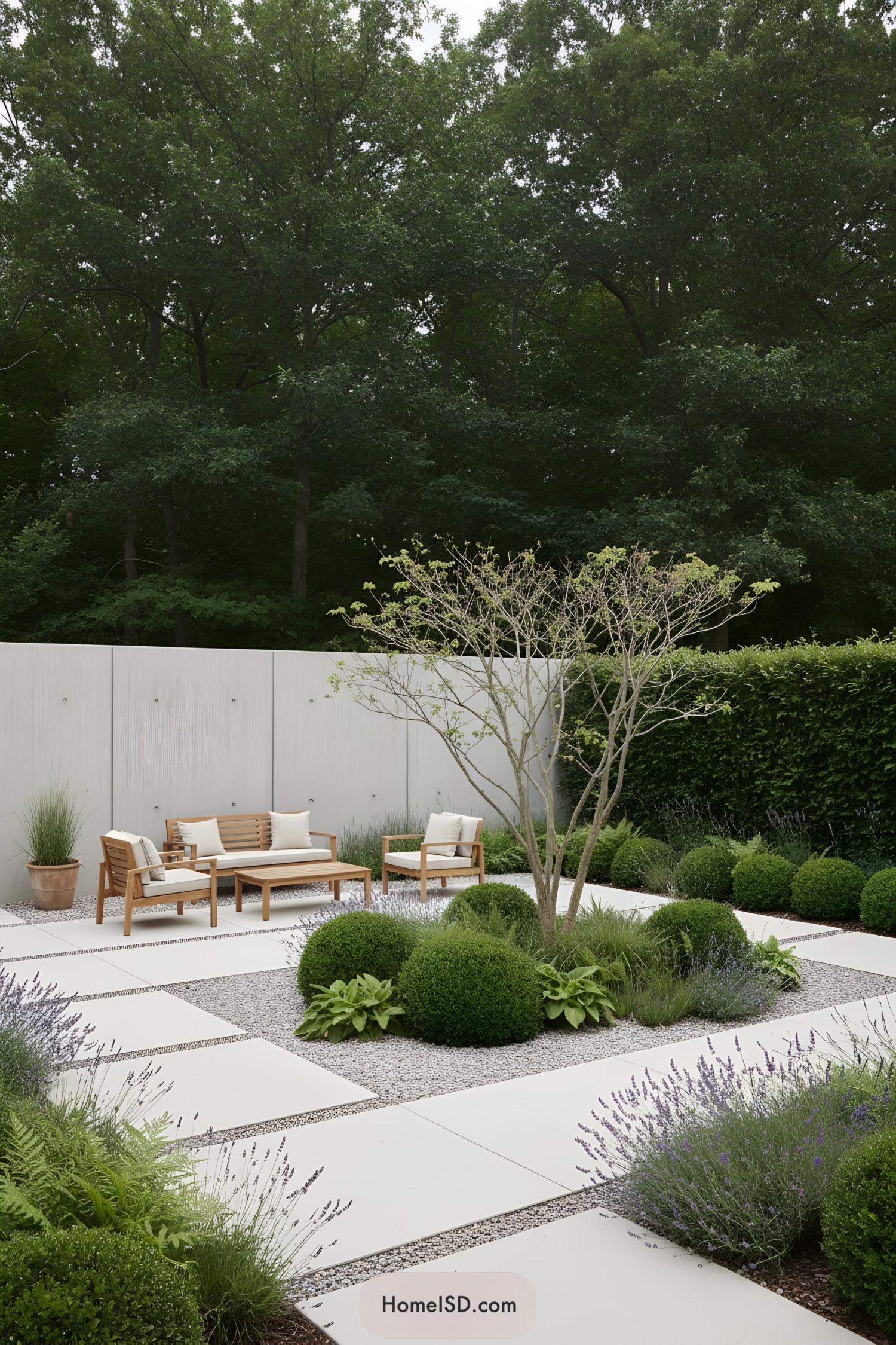 Minimal patio with wood seating and sculpted greenery