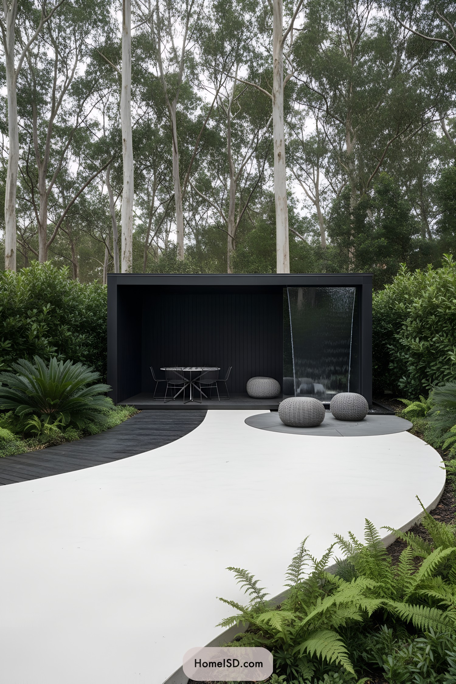 Modern black garden pavilion with curved white path and low seating