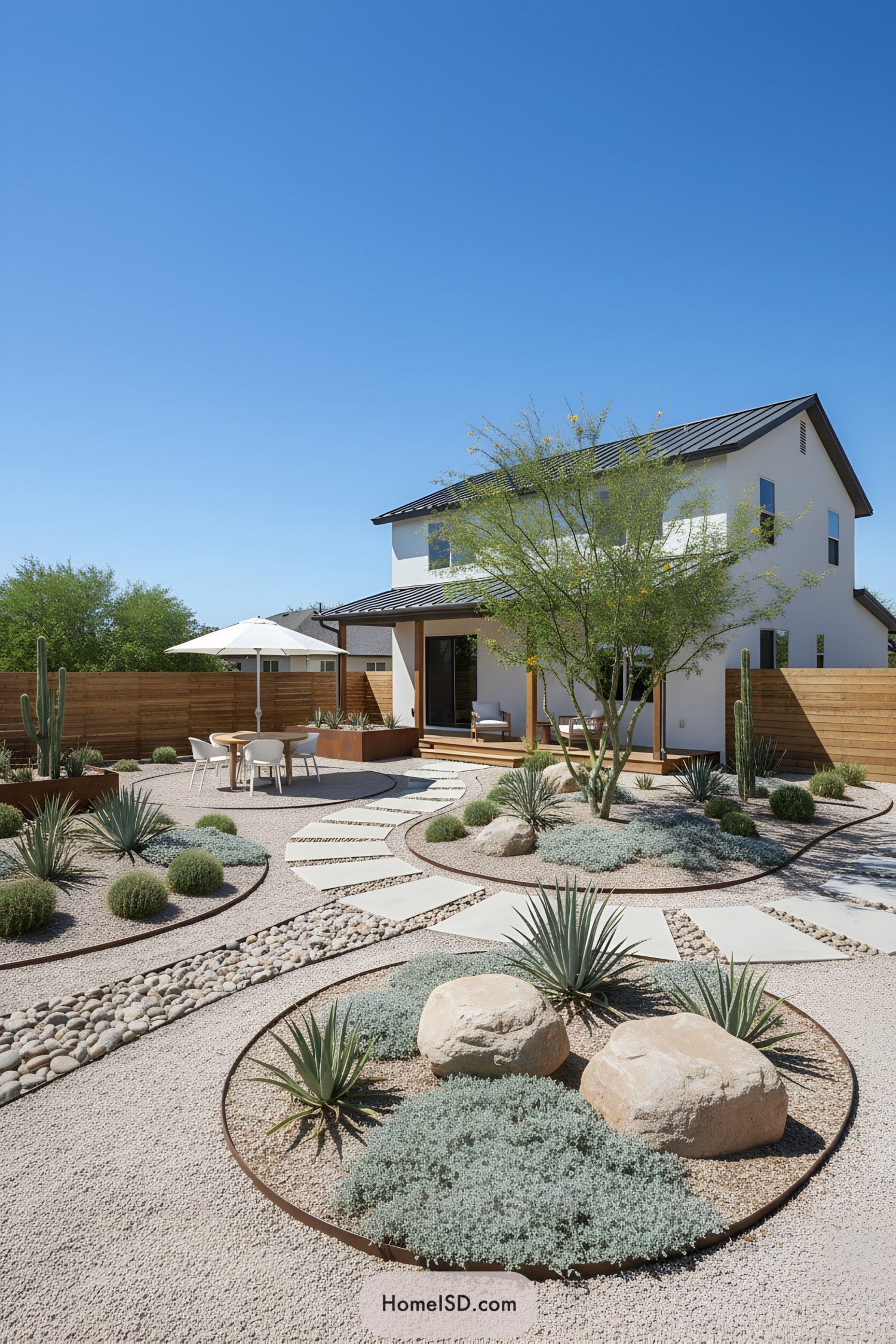 Modern desert yard with circular gravel beds, concrete pavers, and sculptural drought-tolerant plants