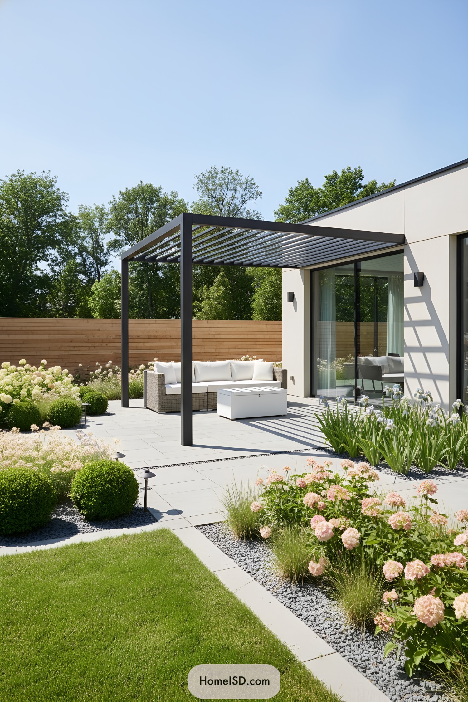 Modern patio with sleek pergola and flowering beds