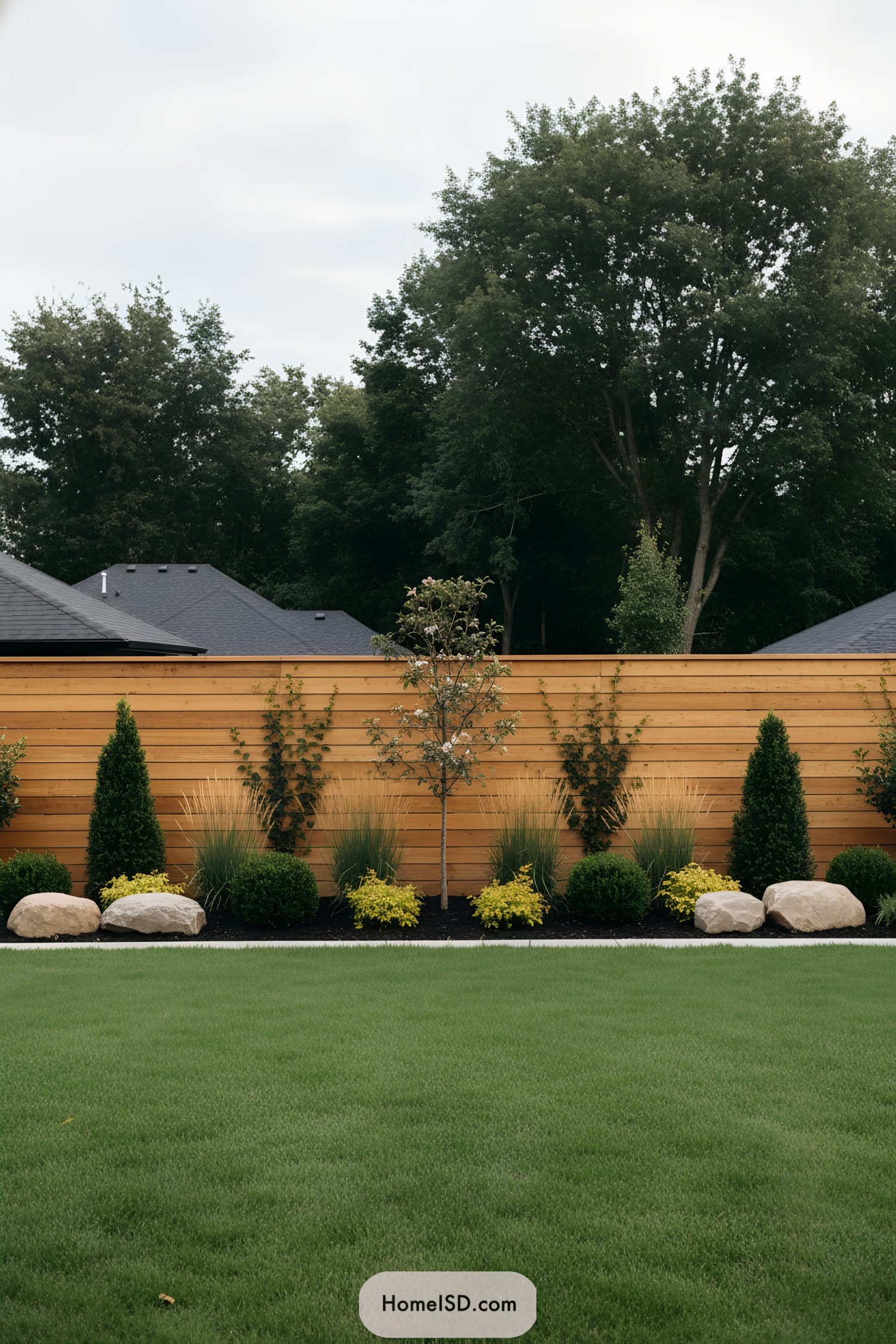 Modern cedar fence with manicured shrubs, boulders, and open lawn