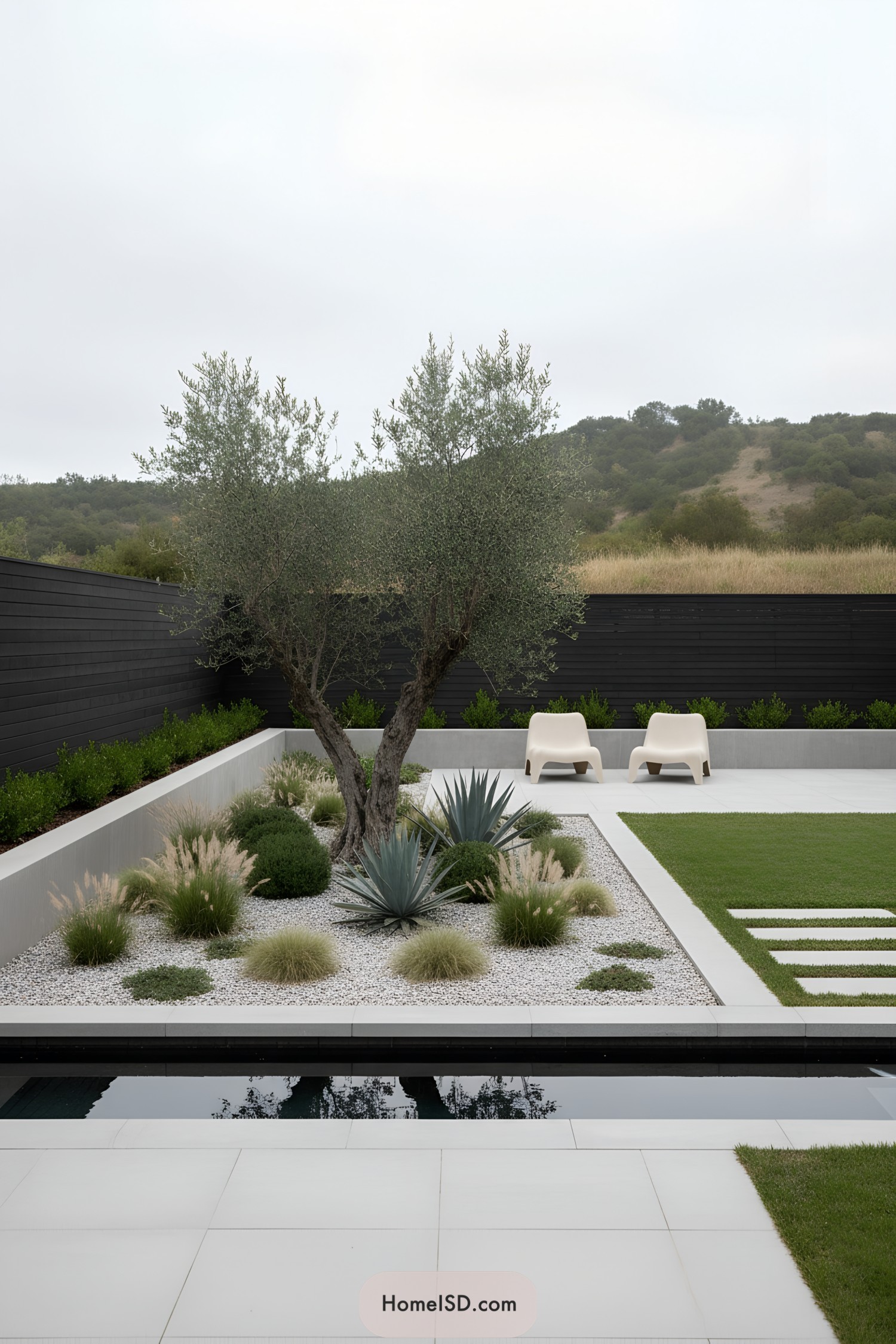 Modern minimalist yard with central olive tree, gravel bed, and geometric lawn