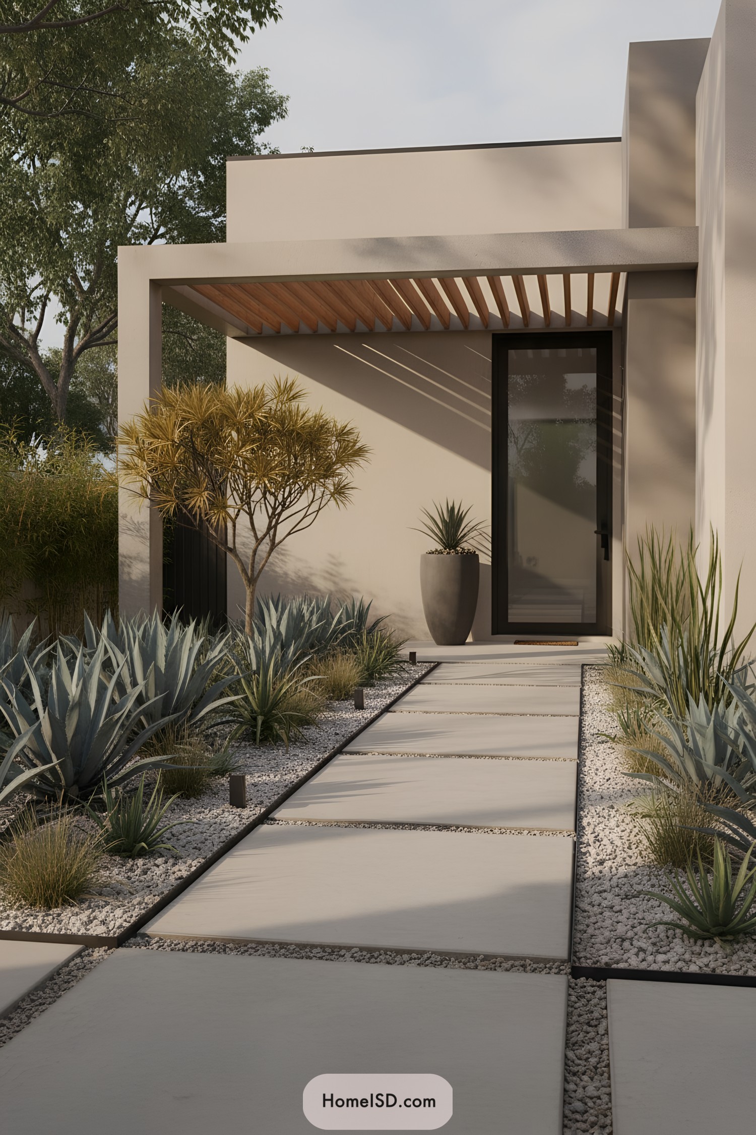 Minimalist desert-style front walkway with agaves