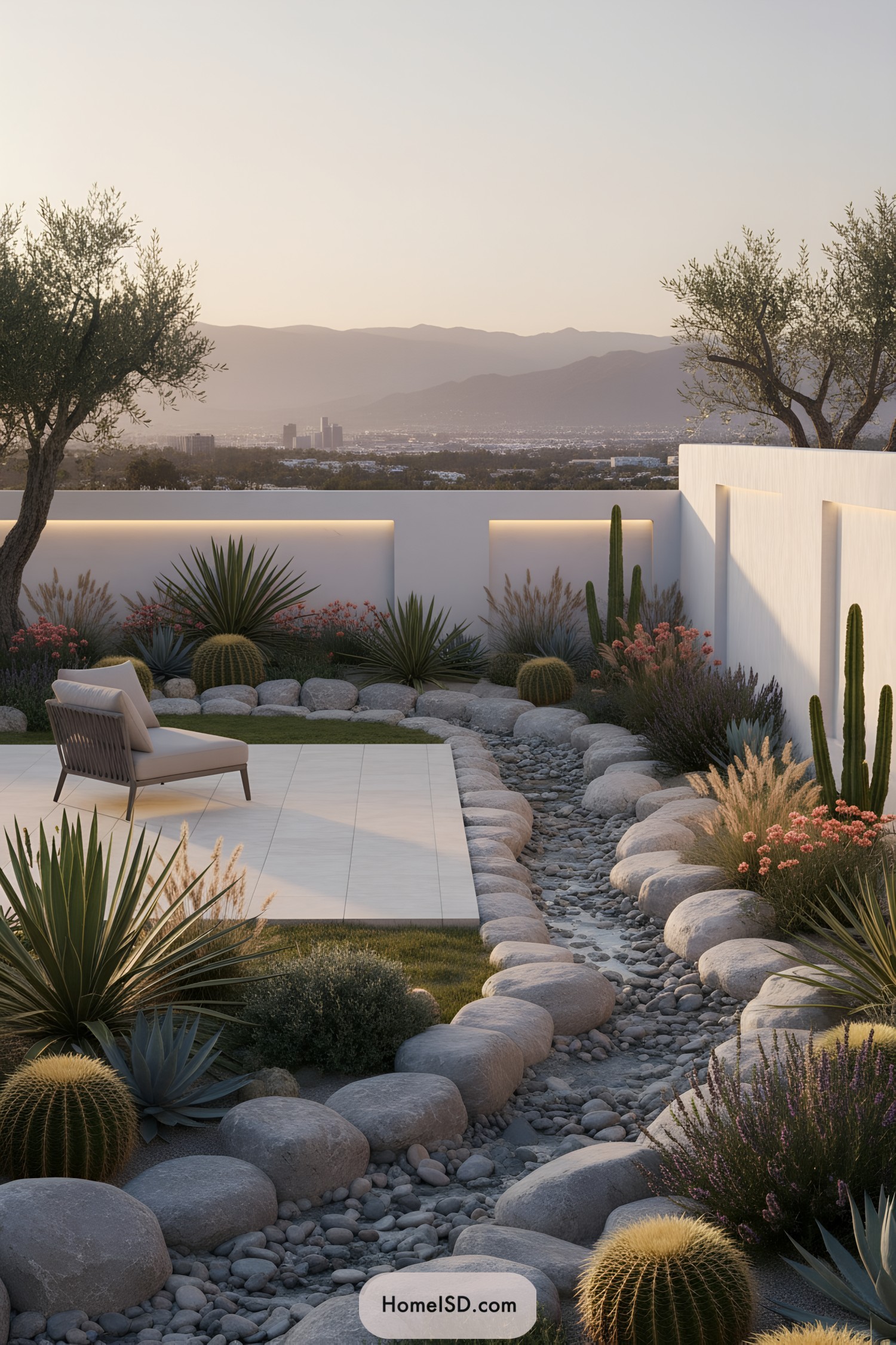Minimal desert backyard with dry creek and lounge chair