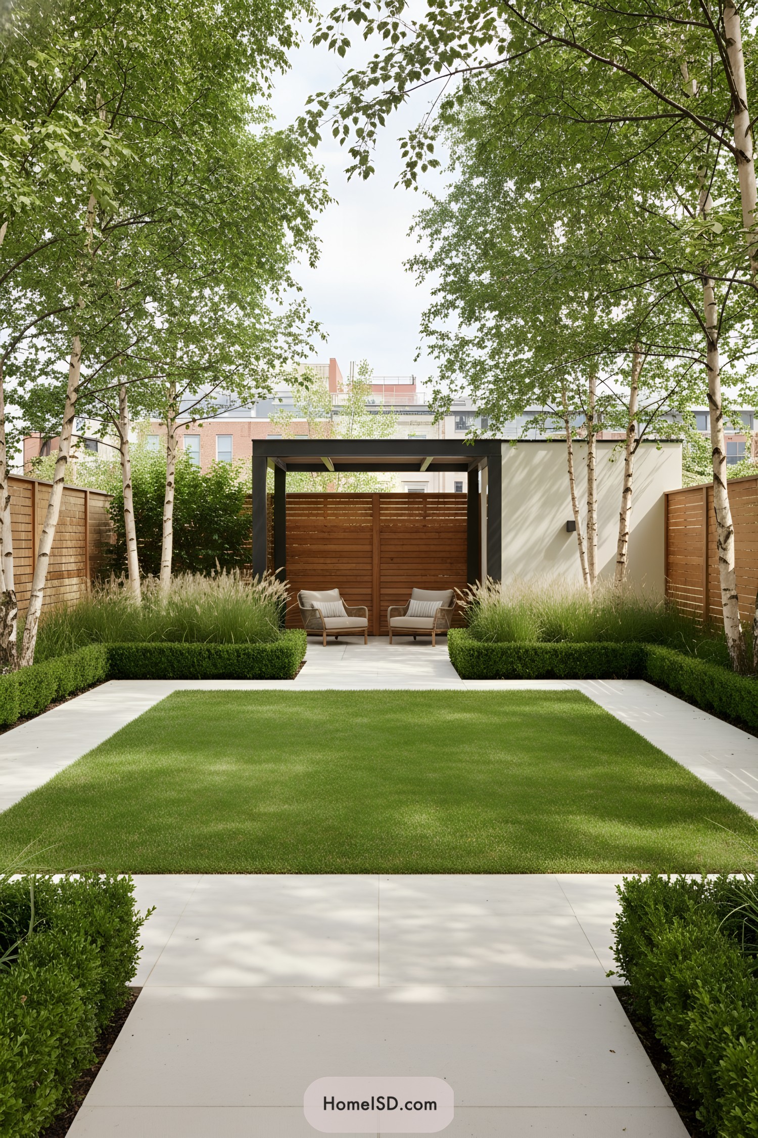 Minimalist backyard with geometric lawn, birch trees, and a pergola lounge