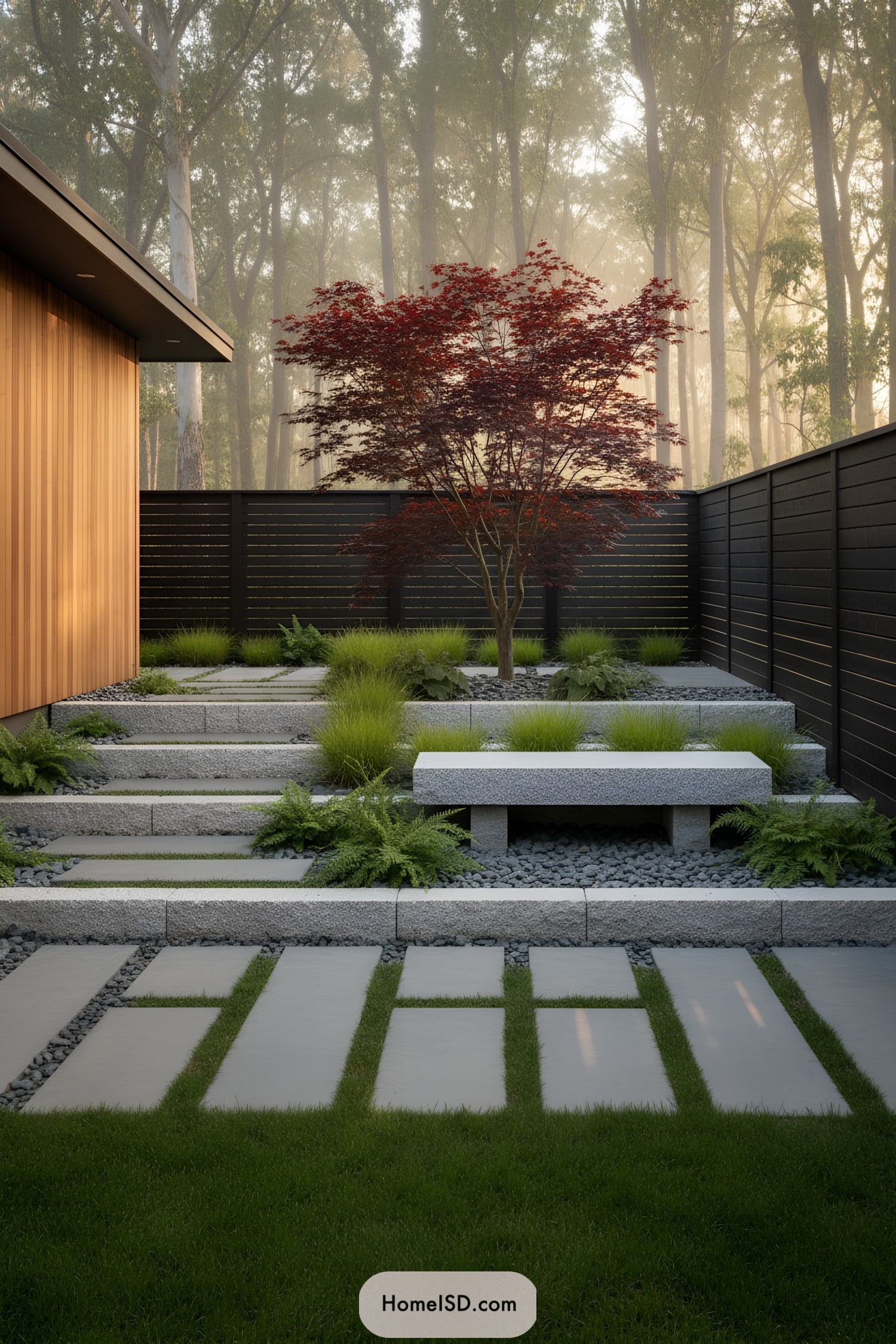 Tiered minimalist yard with maple tree and stone bench