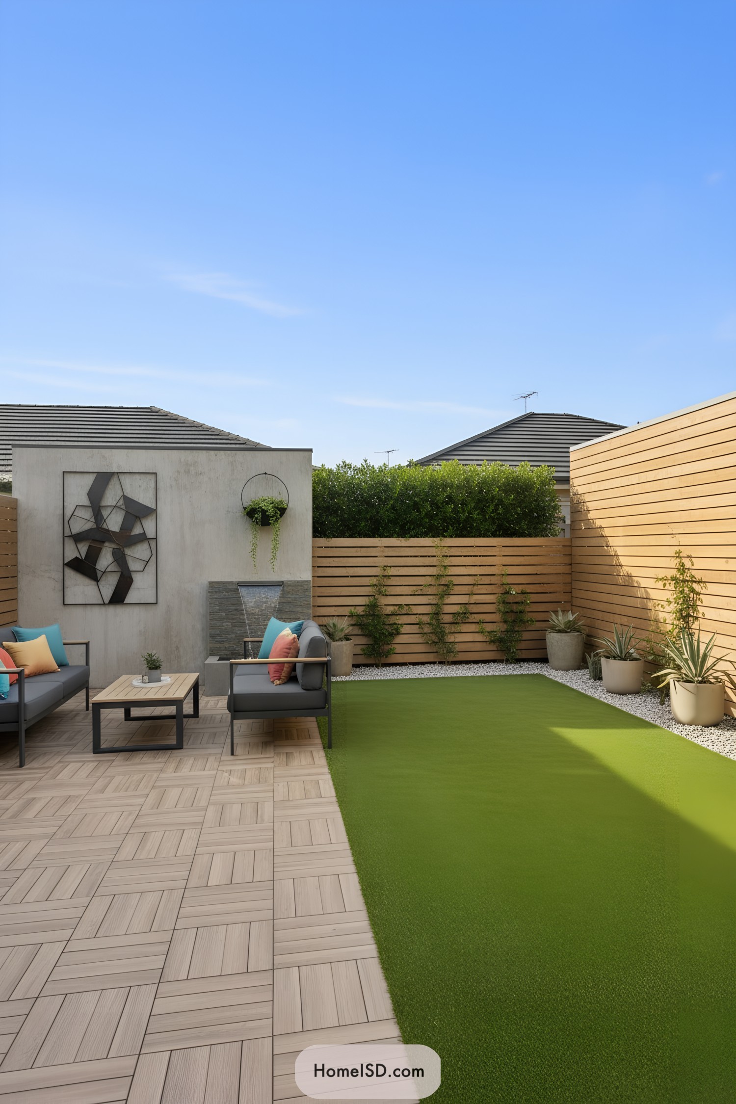 Modern fenced patio with turf lawn and sleek seating