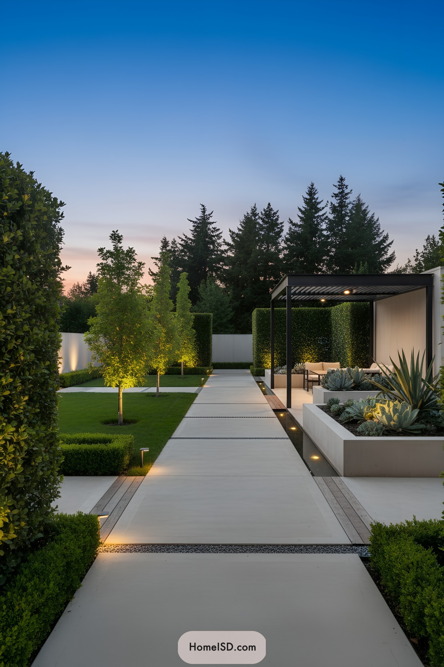 Modern minimalist yard with glowing path and covered lounge
