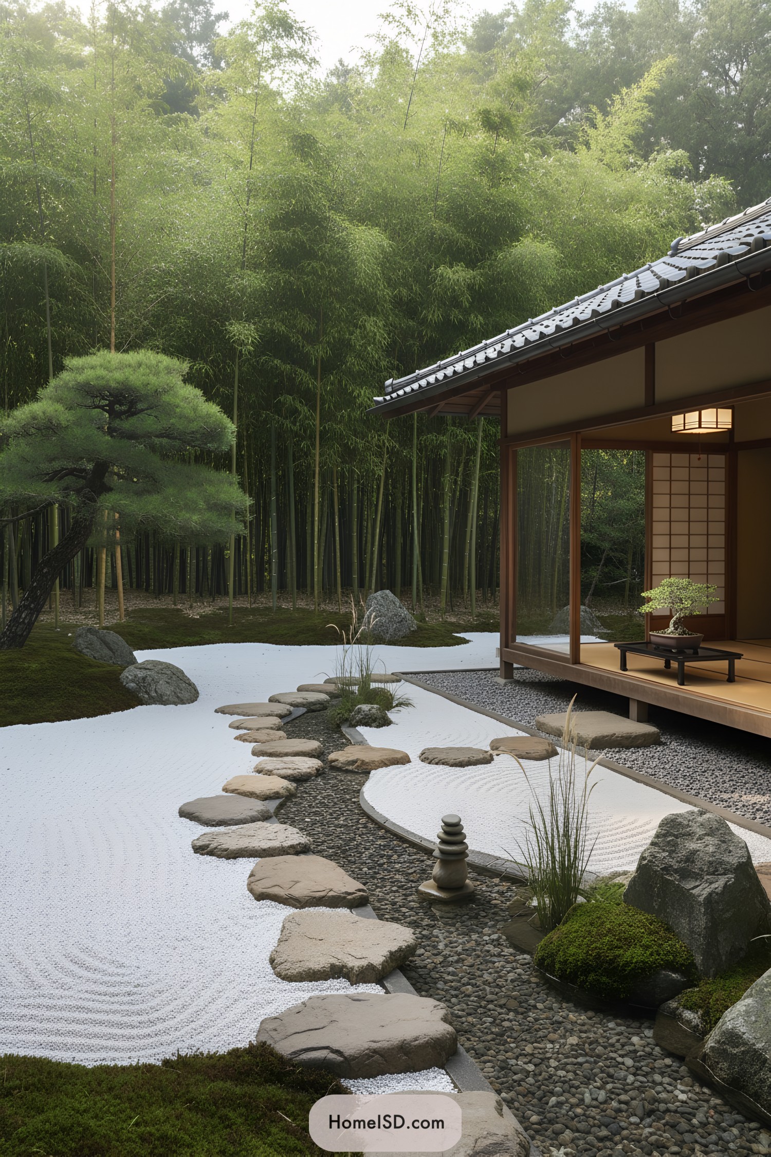 Minimalist Japanese garden with raked gravel, stepping stones, and bamboo backdrop